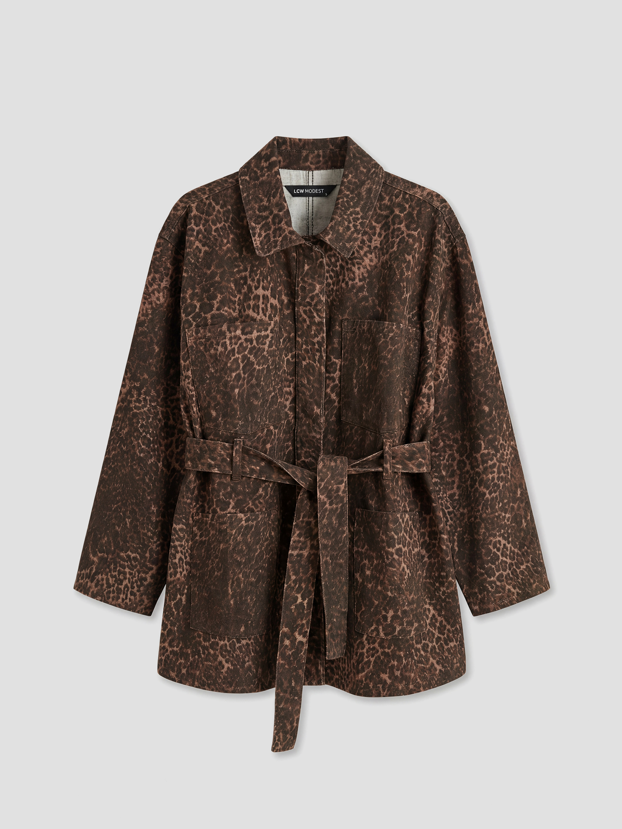 Collared Neck Leopard Print Women's Denim Jacket-4