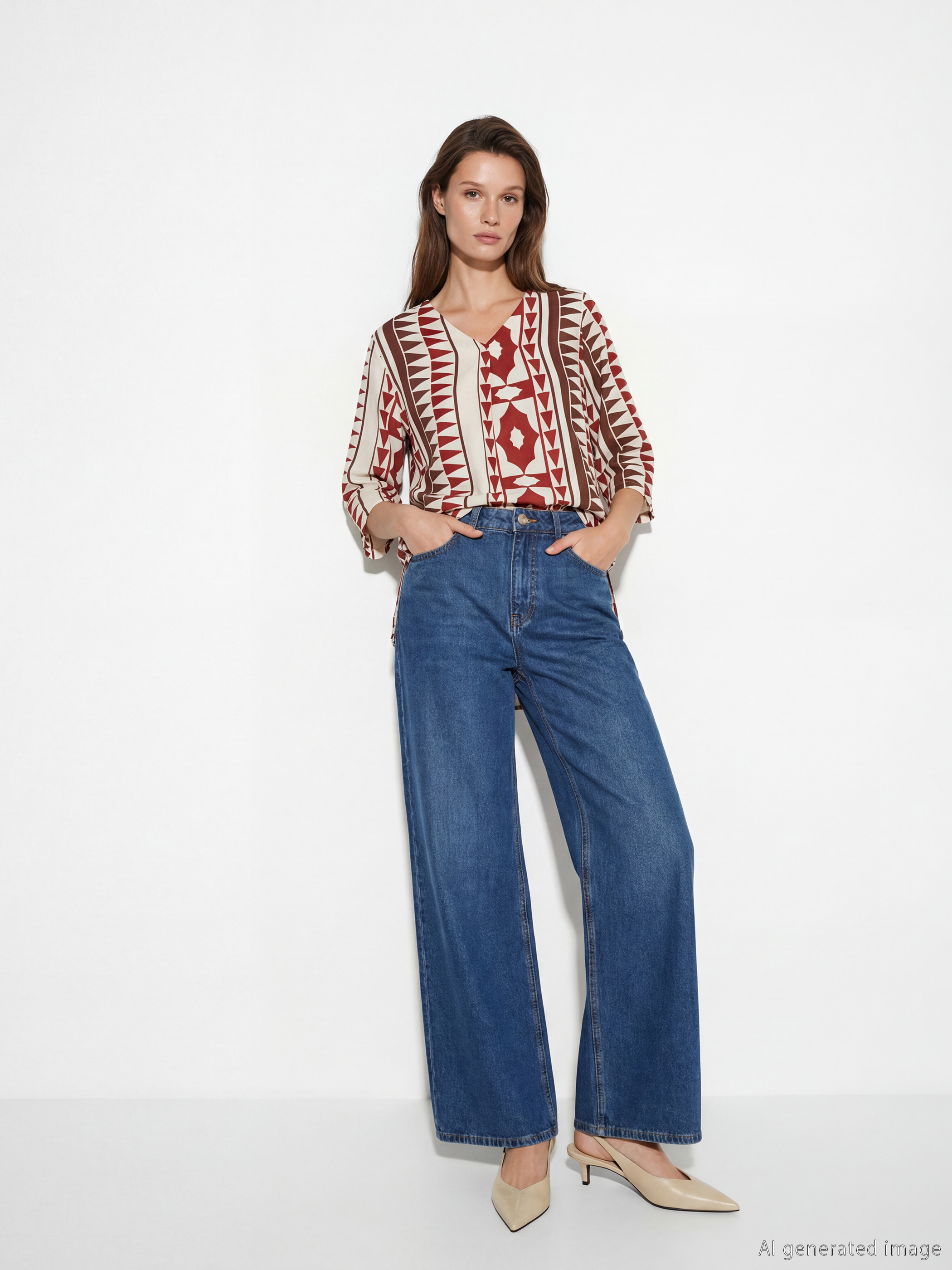 V Neck Patterned Oversize Blouse-1