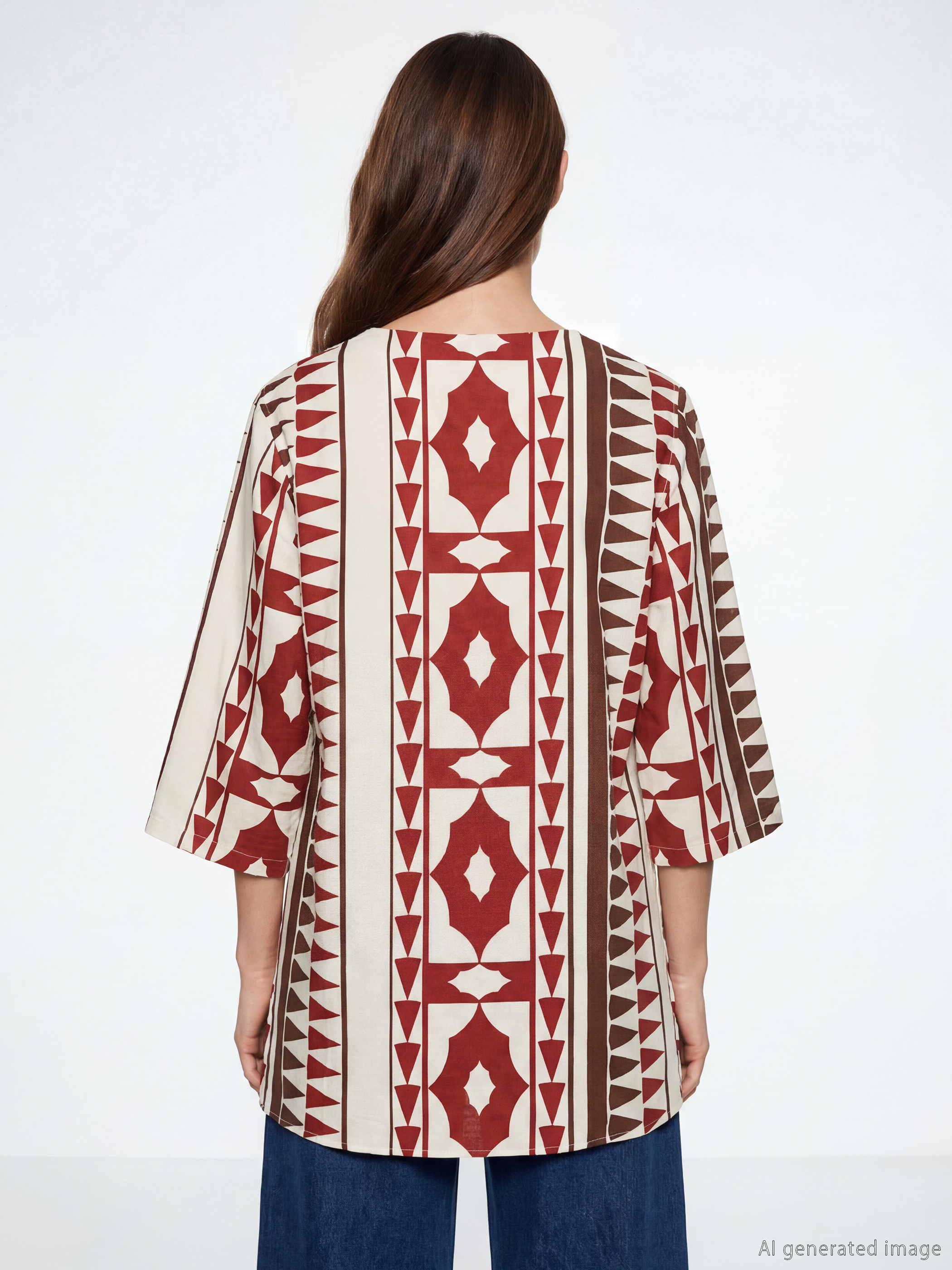 V Neck Patterned Oversize Blouse-2
