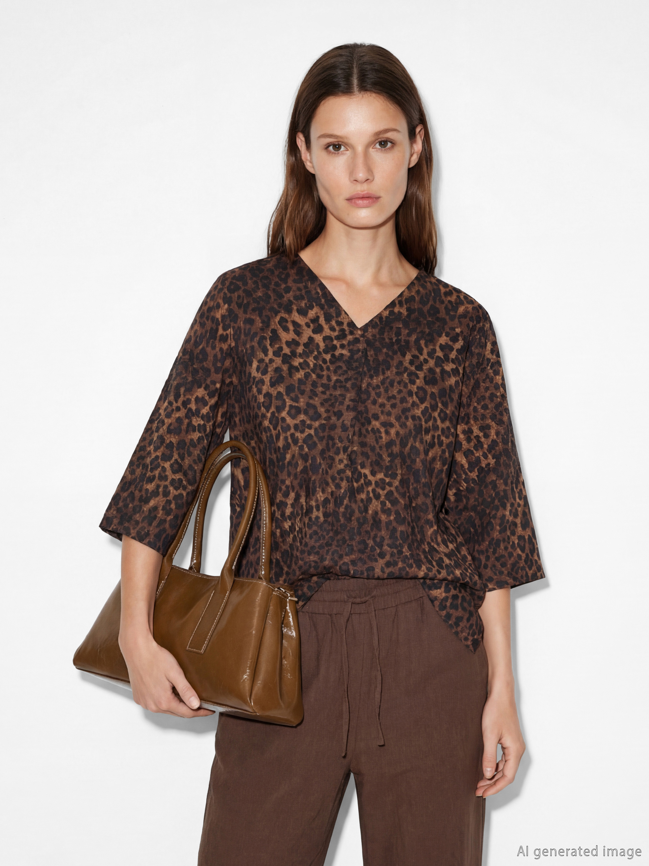 V Neck Leopard Print Oversize Women's Blouse