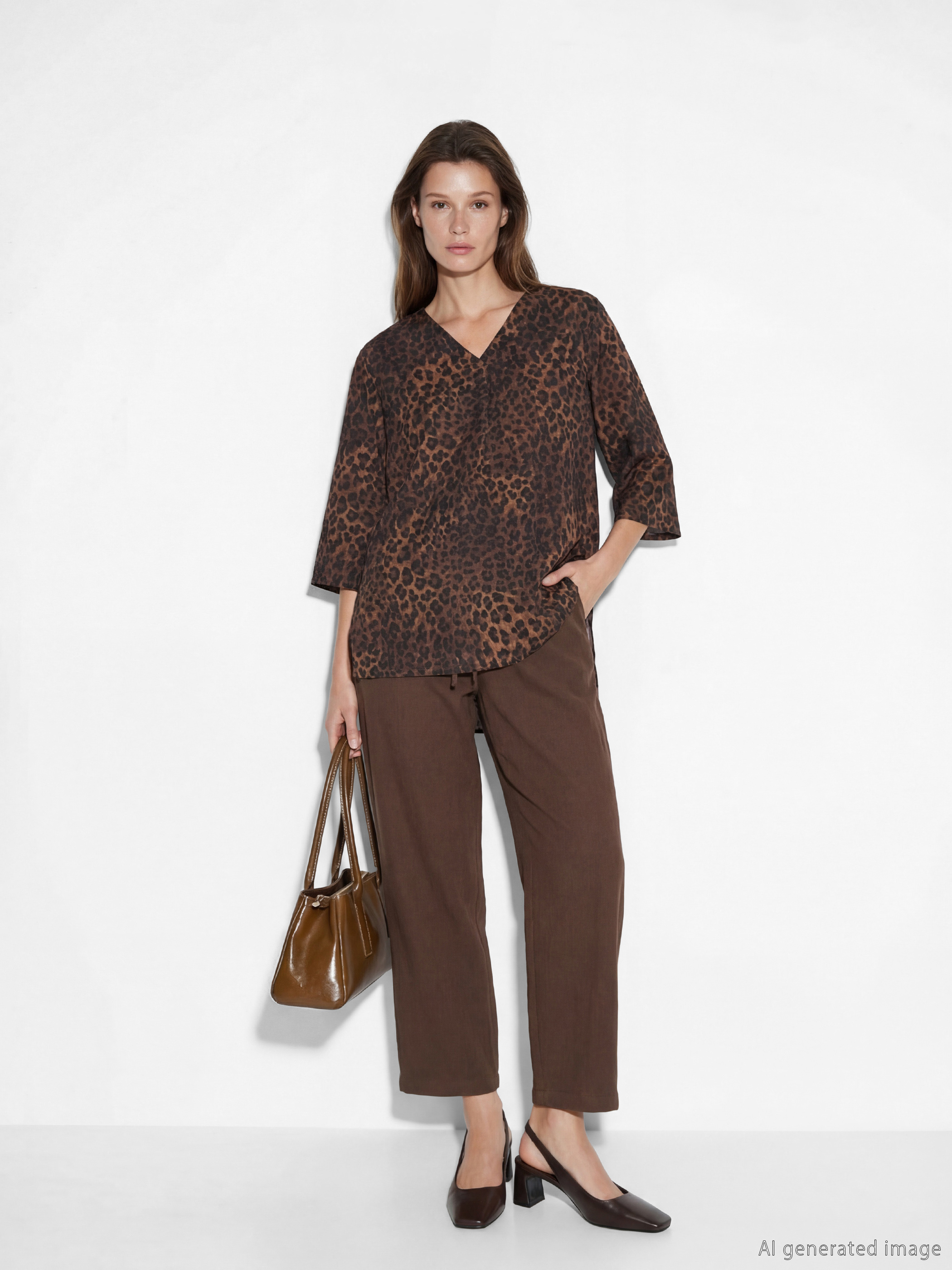 V Neck Leopard Print Oversize Women's Blouse-1