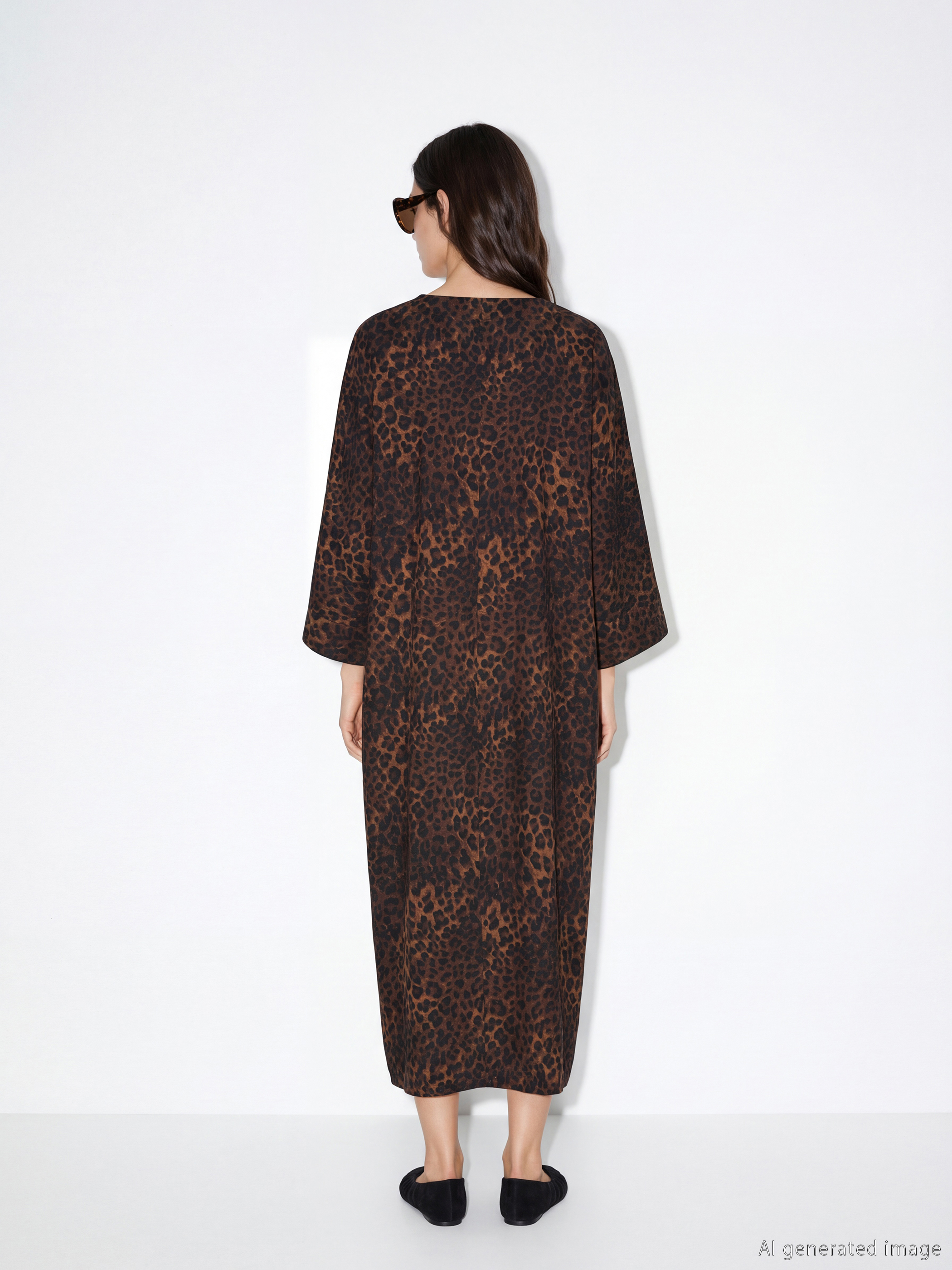 V Neck Leopard Print A-Line Oversize Dress-3