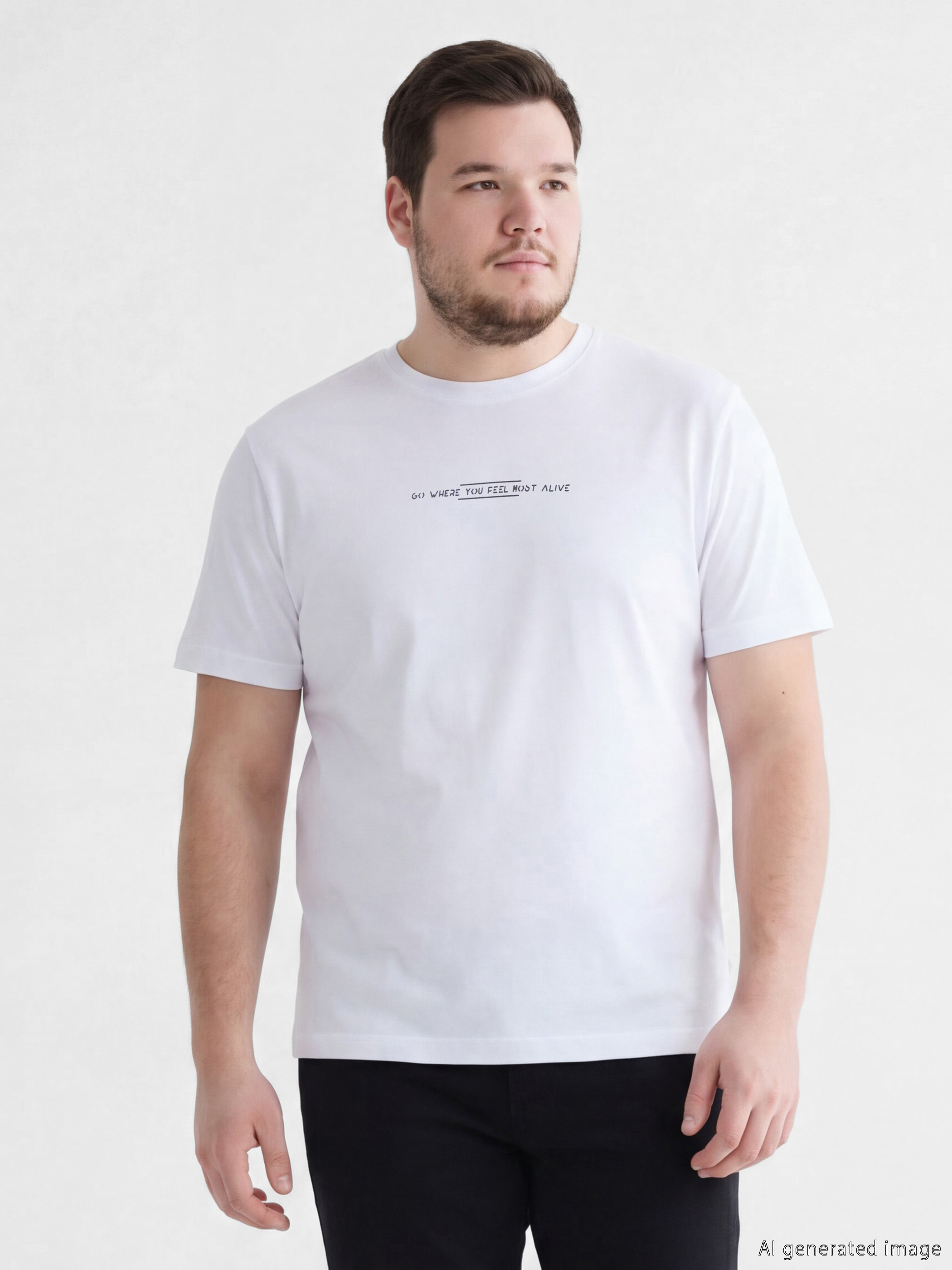 Beyaz Bisiklet Yaka Baskılı Penye Erkek Tişört-1