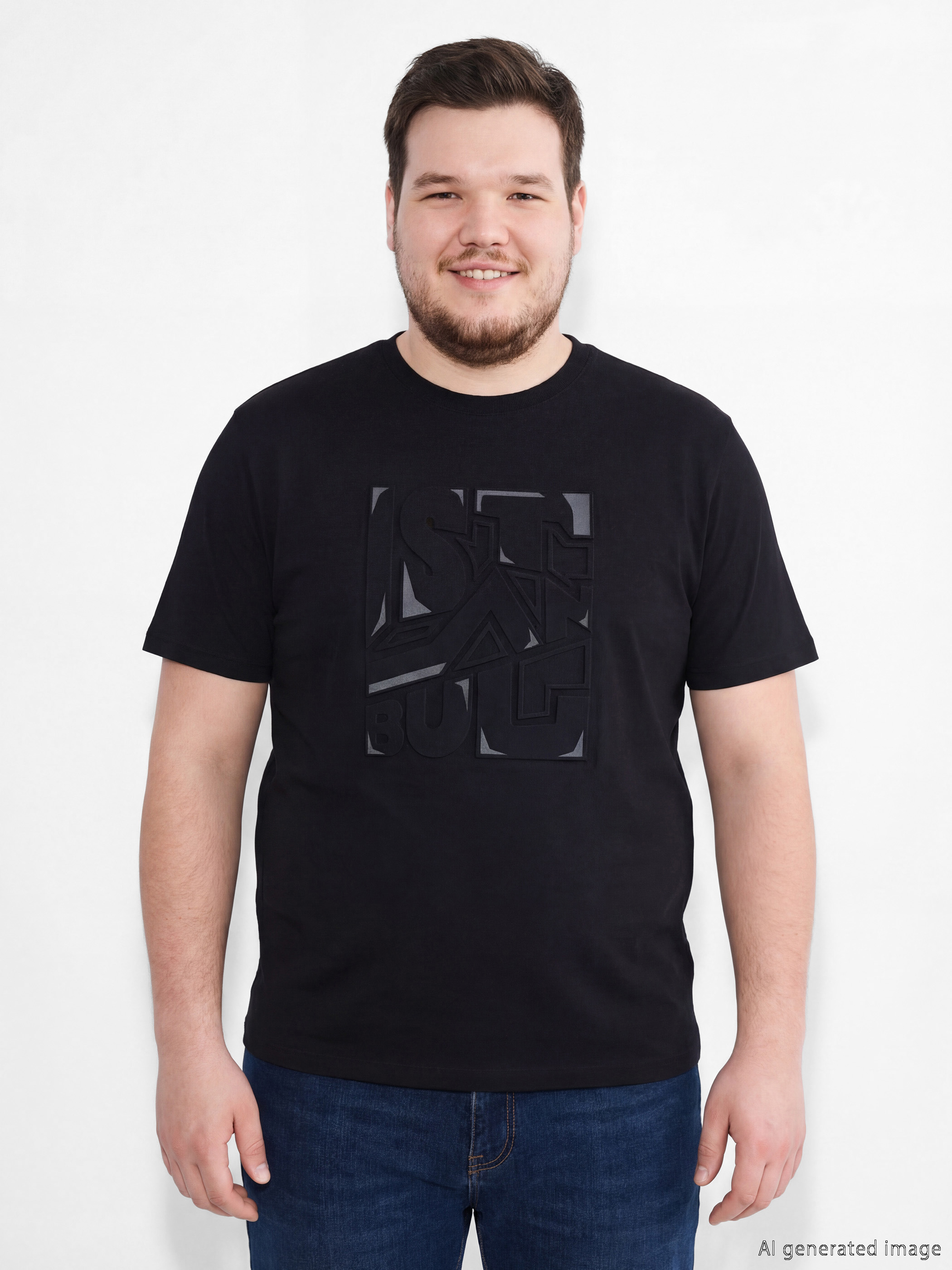 Siyah Bisiklet Yaka Baskılı Penye Erkek Tişört-1