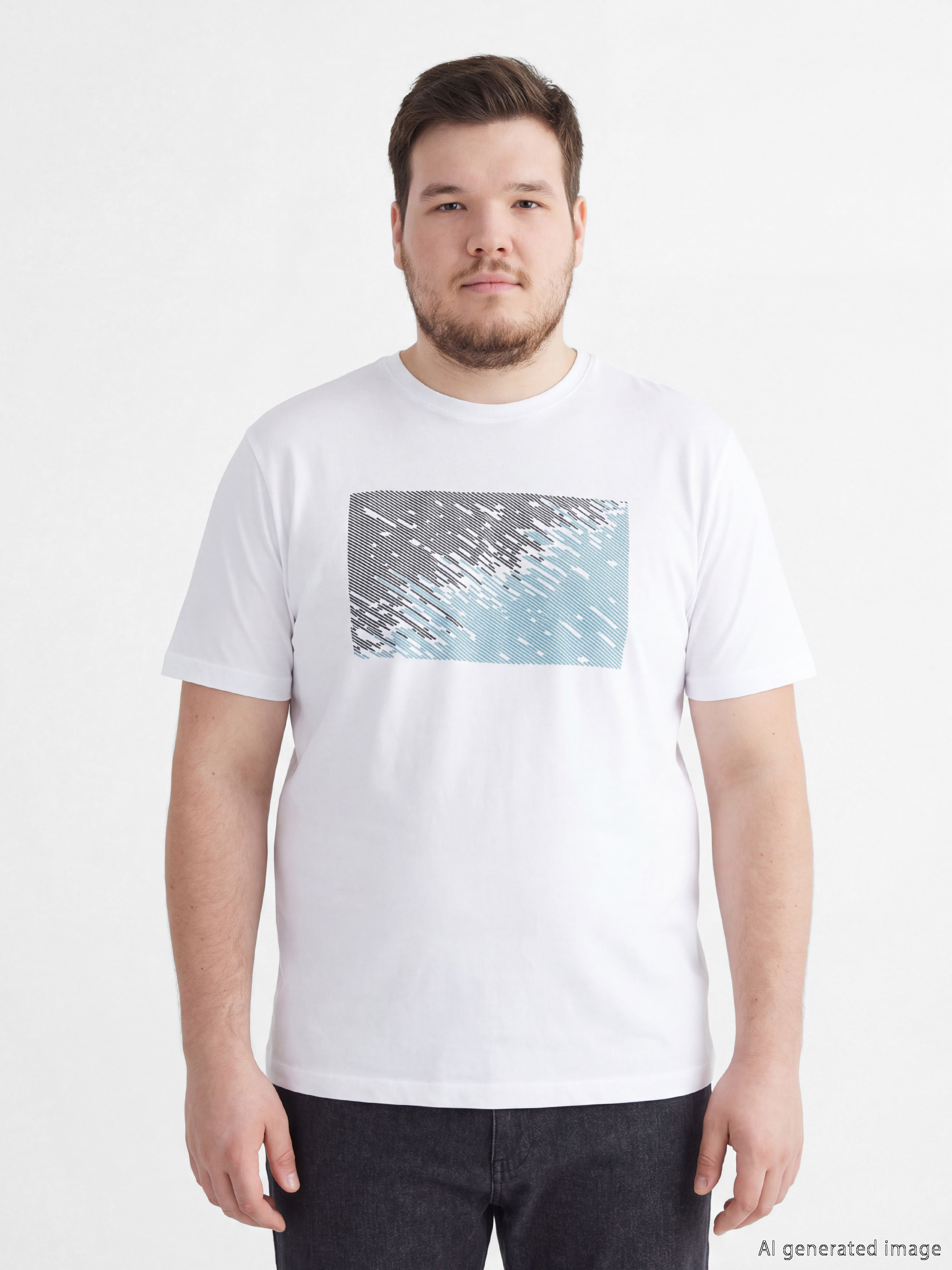 Beyaz Bisiklet Yaka Baskılı Penye Erkek Tişört-1