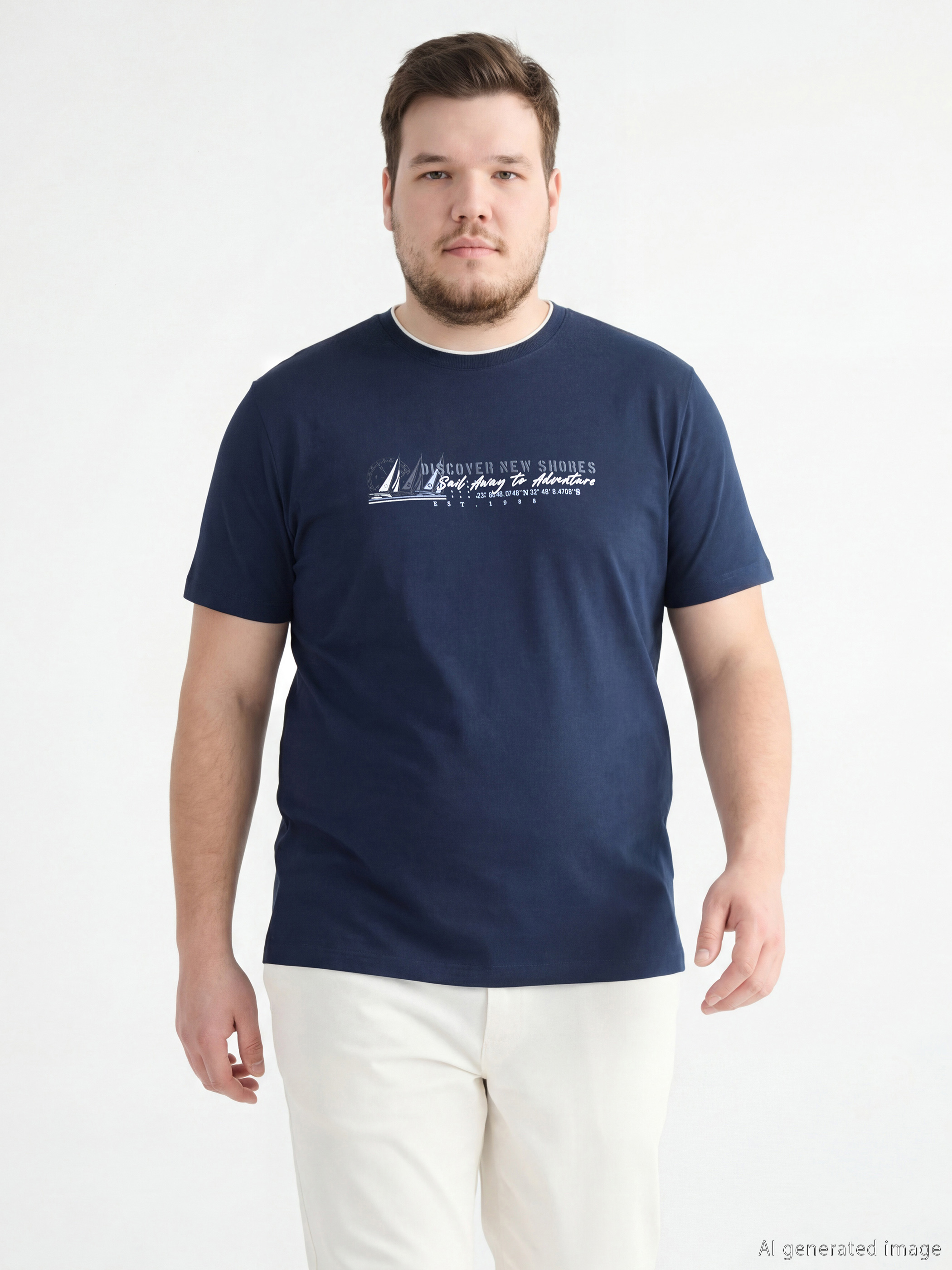 Lacivert Bisiklet Yaka Baskılı Penye Erkek Tişört-1