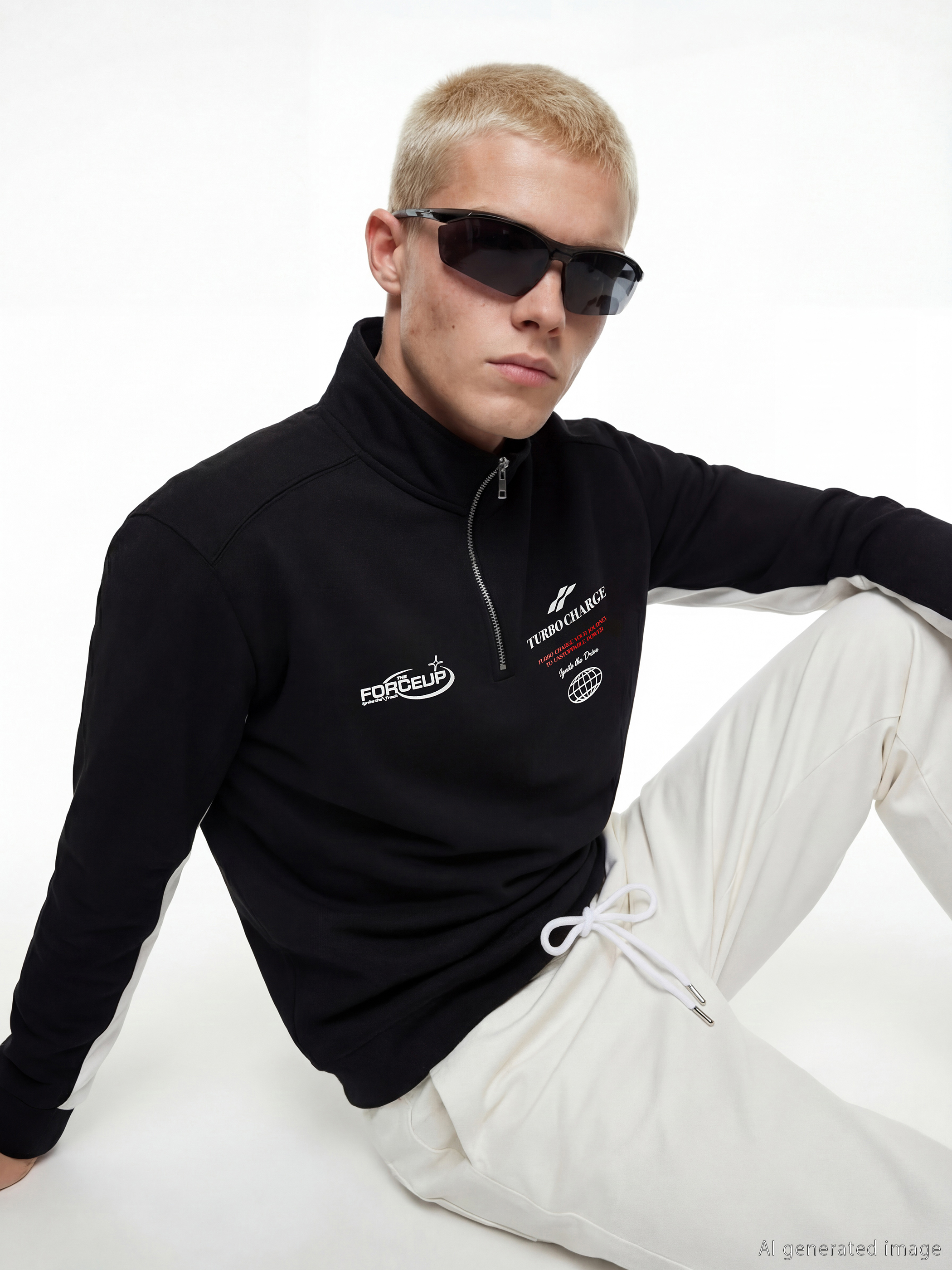 Мъжки суитшърт с половин цип и висока яка с принт-2