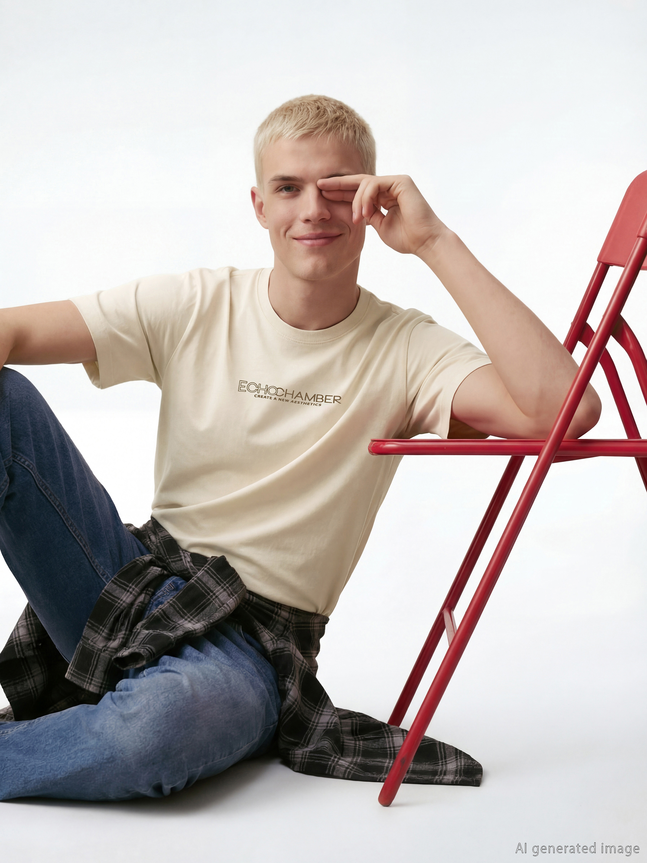 Bej Bisiklet Yaka Baskılı Penye Erkek Tişört-1