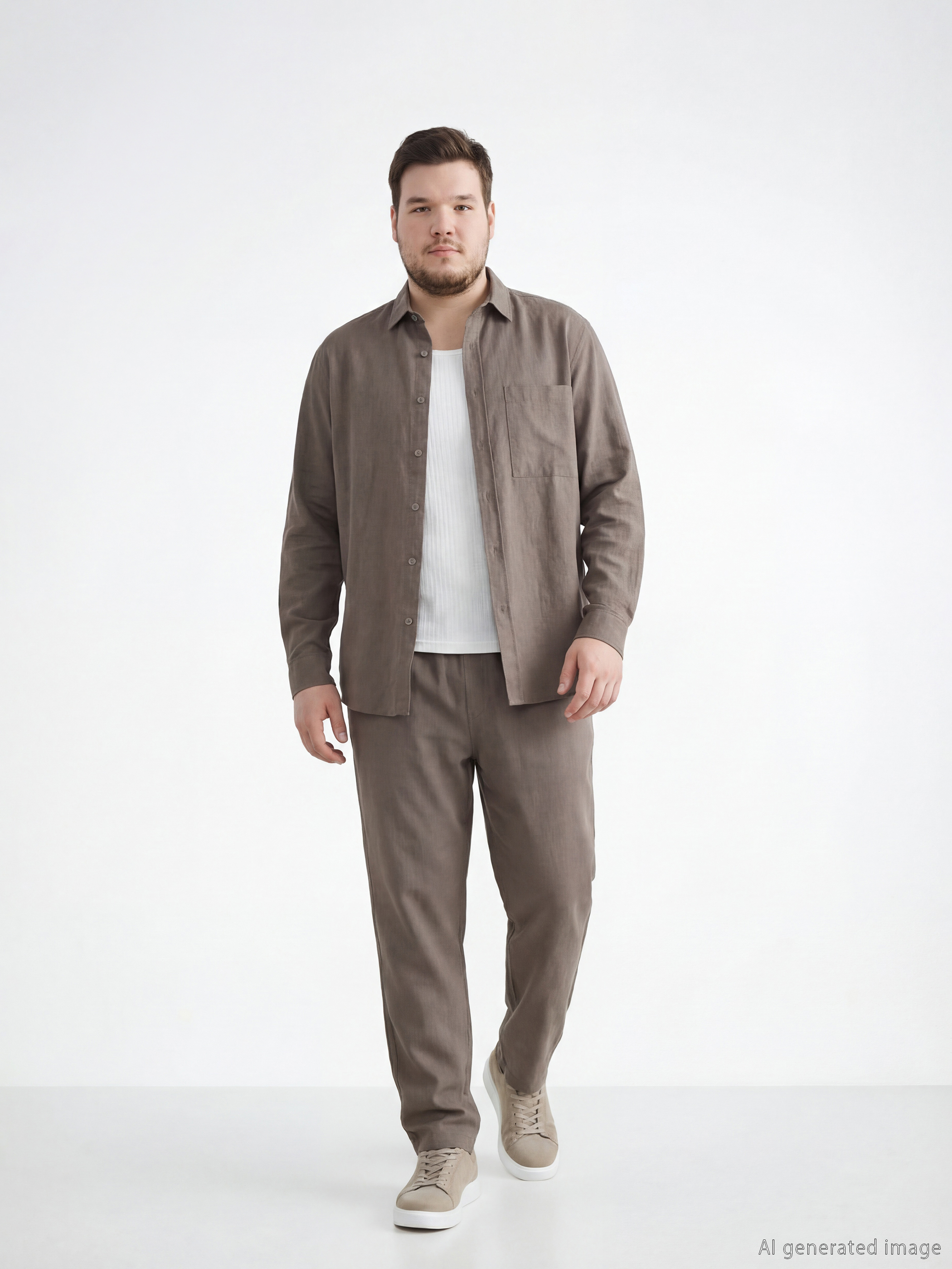 Bej Rahat Kalıp Keten Görünümlü Erkek Pantolon-2