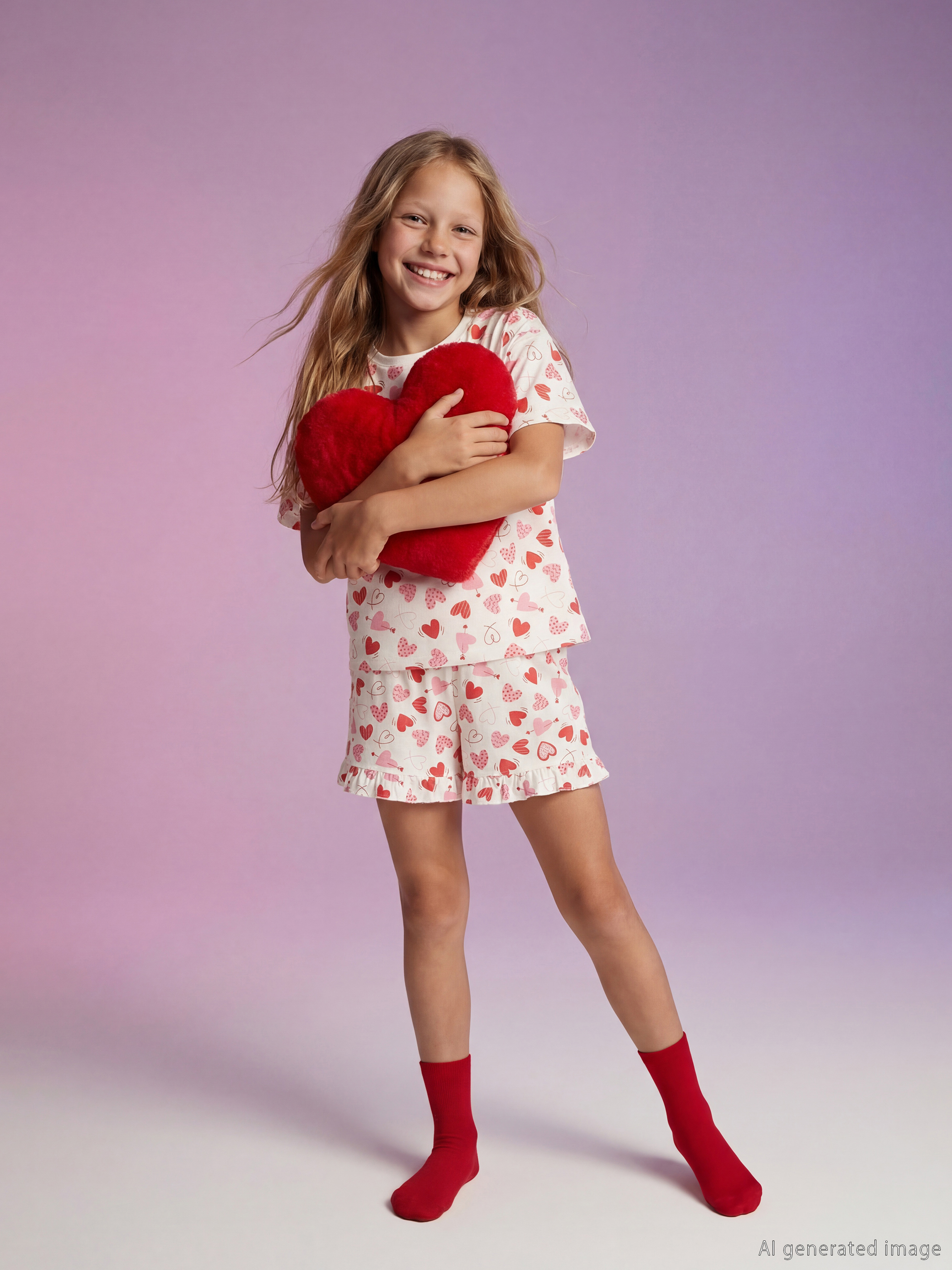 LCW Kids Kalp Baskılı Kız Çocuk Şortlu Pijama Takımı - S65546Z4-LRA