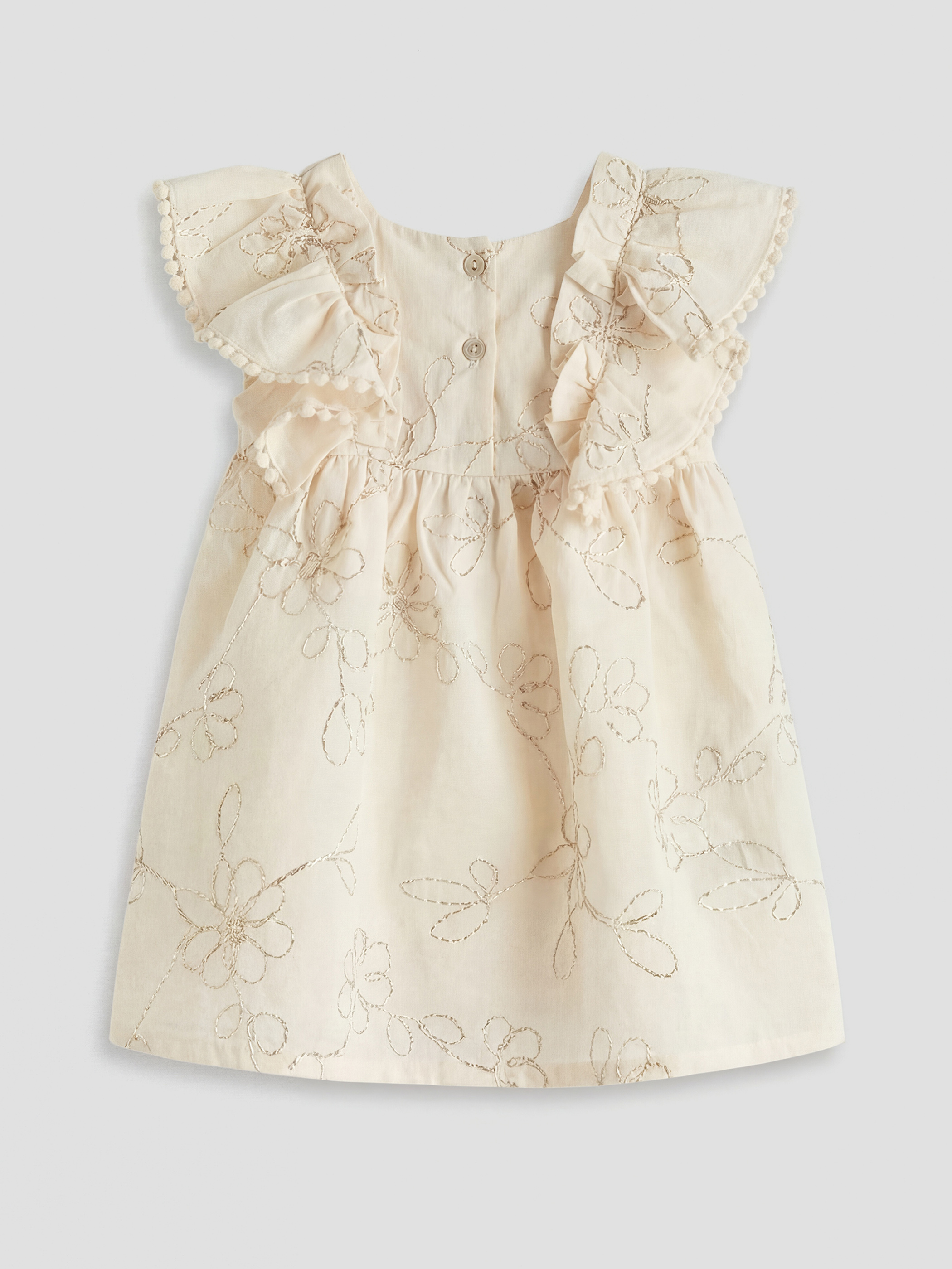 Ekru Kare Yaka Nakışlı Fırfırlı Kız Bebek Elbise-1