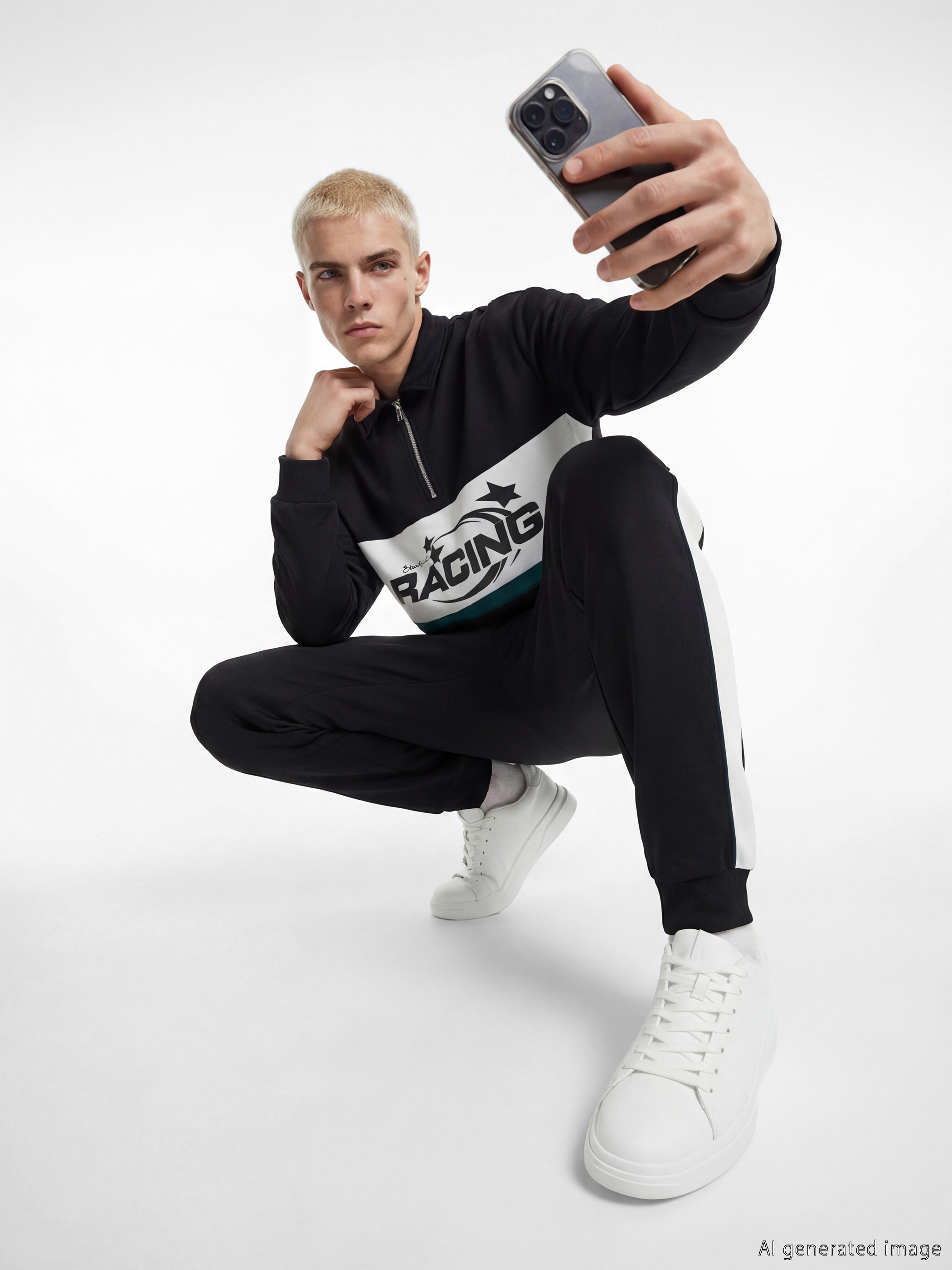 Siyah Polo Yaka Baskılı Erkek Sweatshirt-2