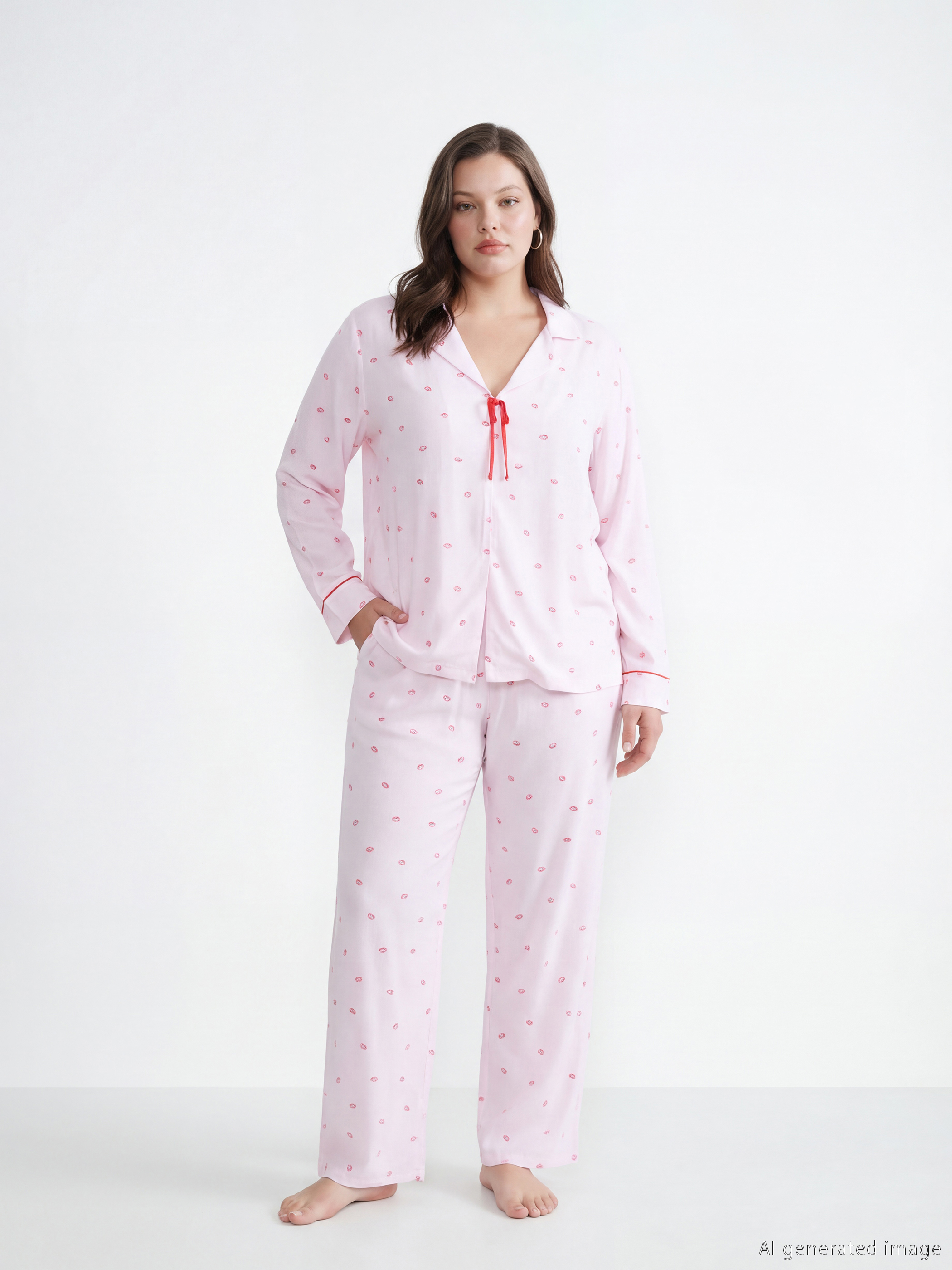 Женский пижамный комплект с рубашечным воротником и завязкой-1