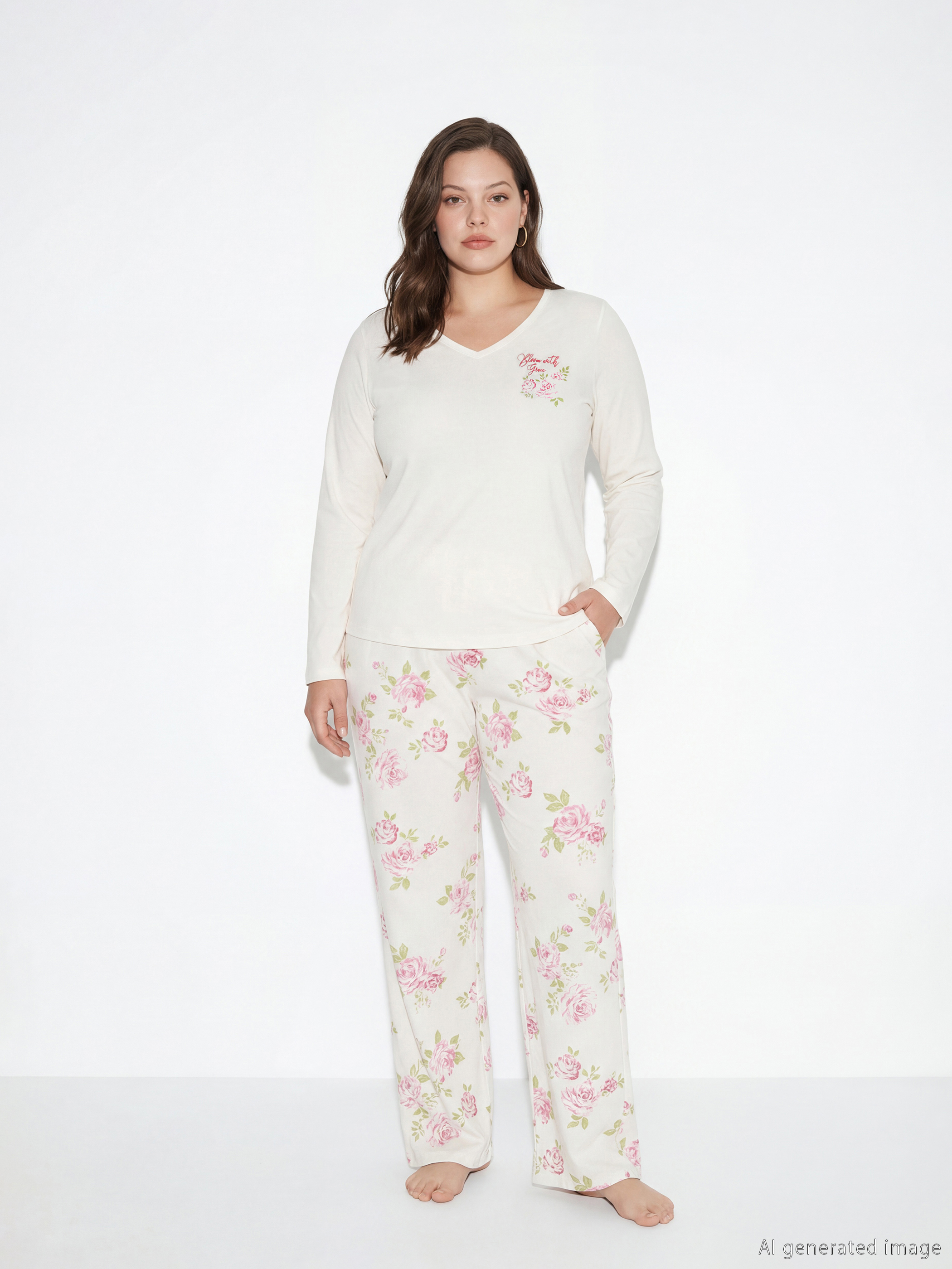 V izrez Cvetni Žena Pidžama komplet-1