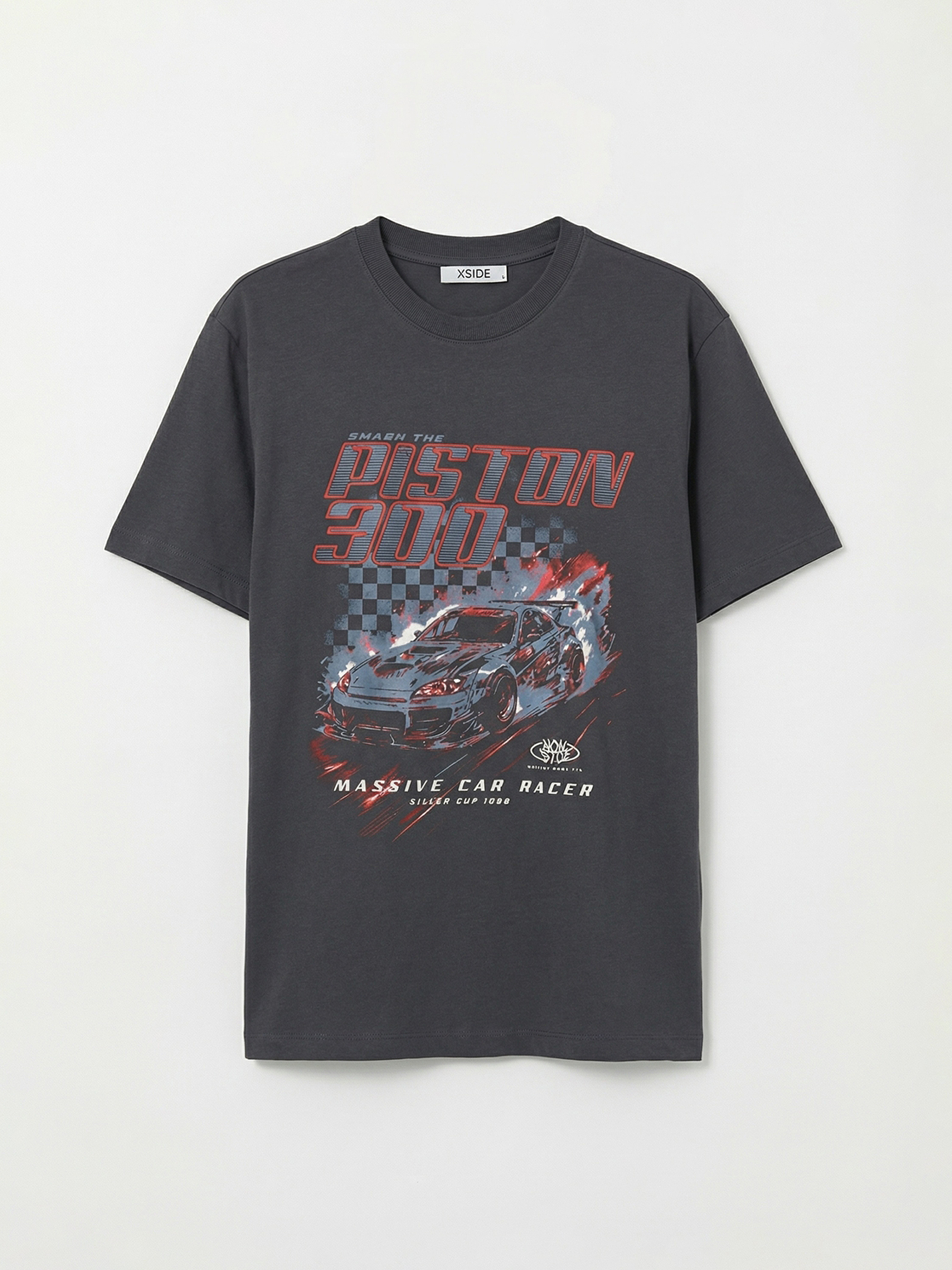 Antrasit Bisiklet Yaka Baskılı Erkek Tişört-4