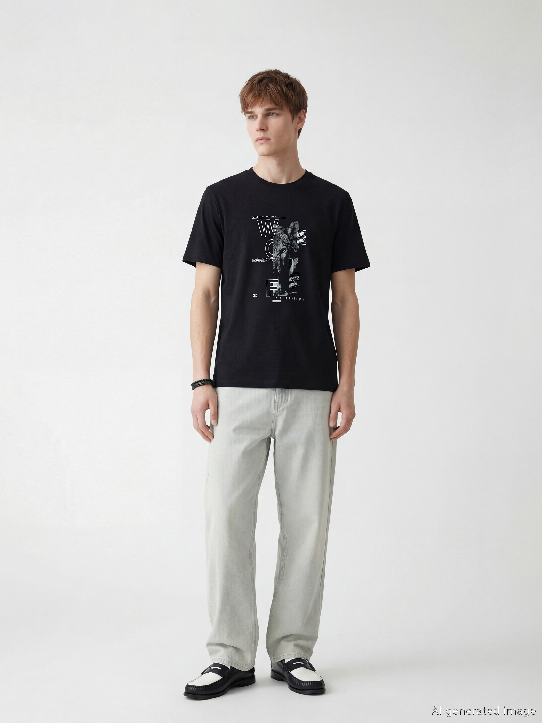 Siyah Bisiklet Yaka Baskılı Erkek Tişört-1