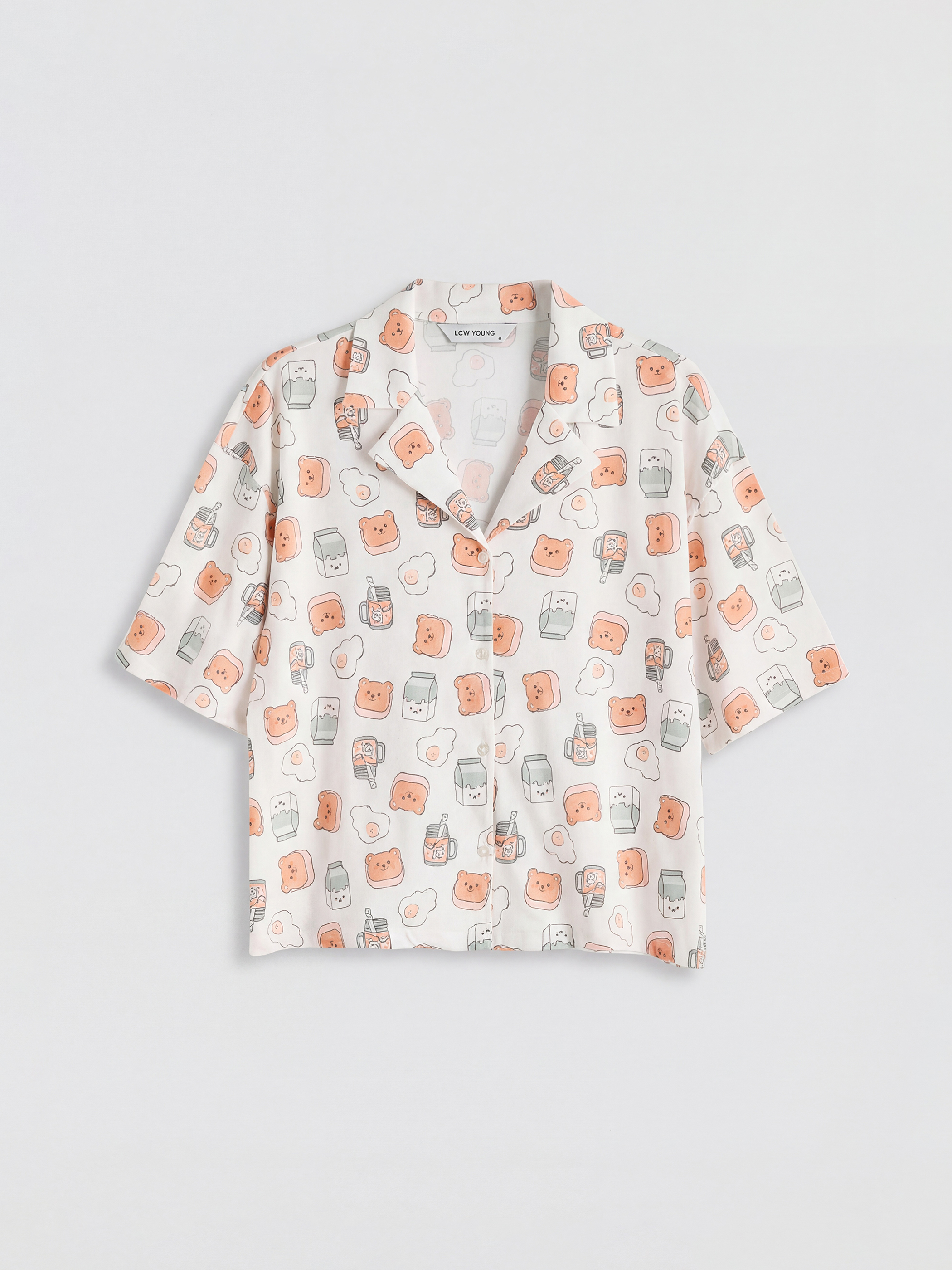 Ekru Gömlek Yaka Desenli Kadın Şortlu Pijama Takımı-1