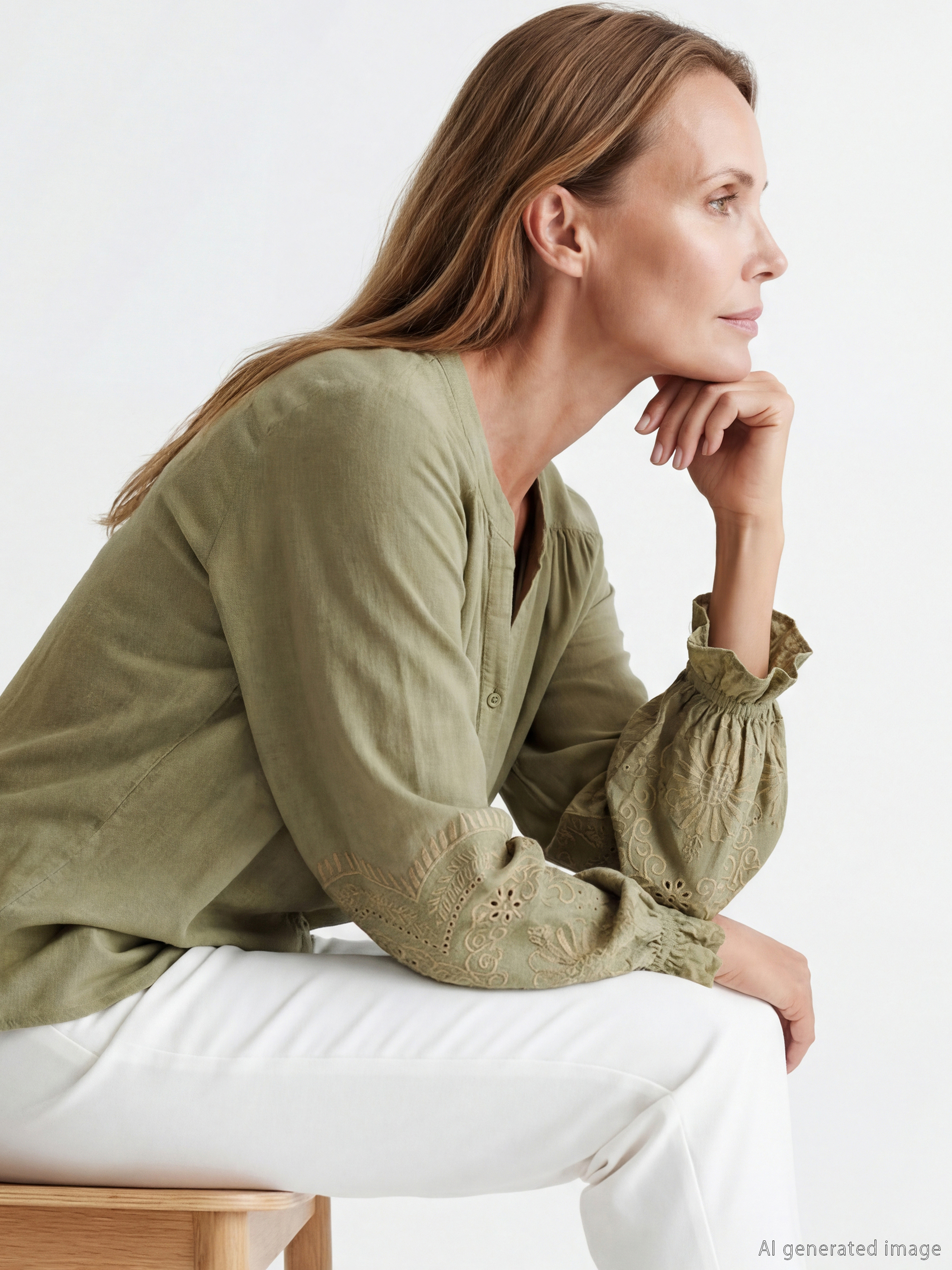 LCW Grace Notch Neck Embroidered Ruched Blouse - S69767Z8-GUY