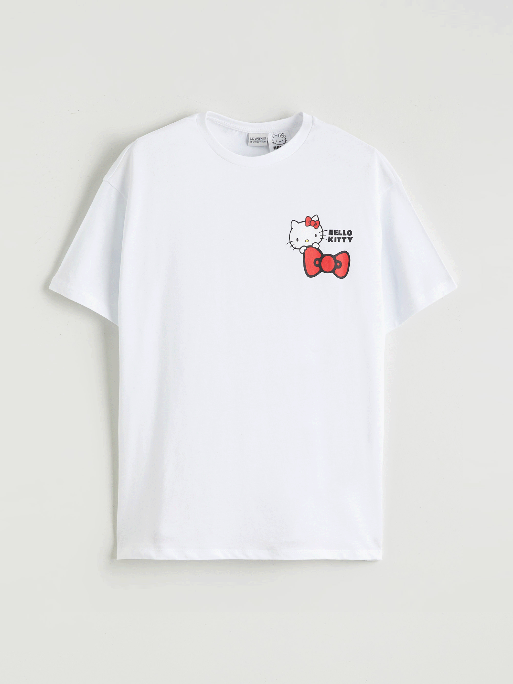 Beyaz Bisiklet Yaka Hello Kitty Baskılı Kız Çocuk Tişört-1