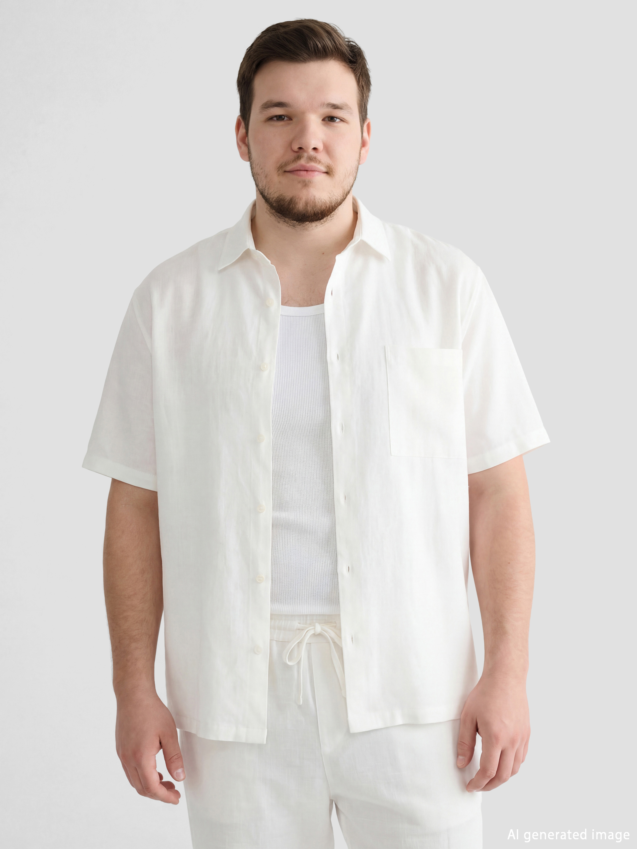 Ekru Loose Fit Keten Görünümlü Erkek Gömlek-2