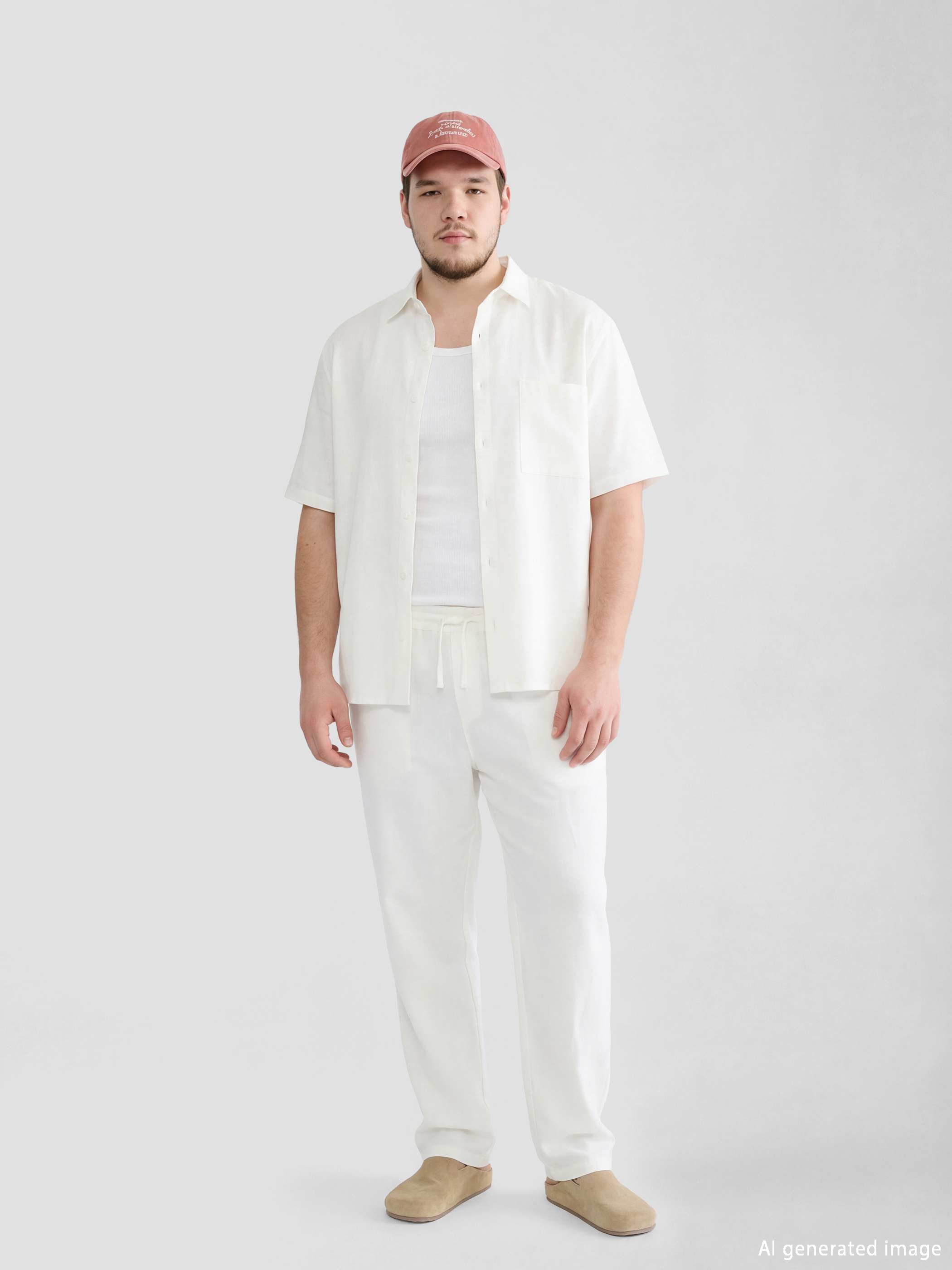 Ekru Loose Fit Keten Görünümlü Erkek Gömlek-9