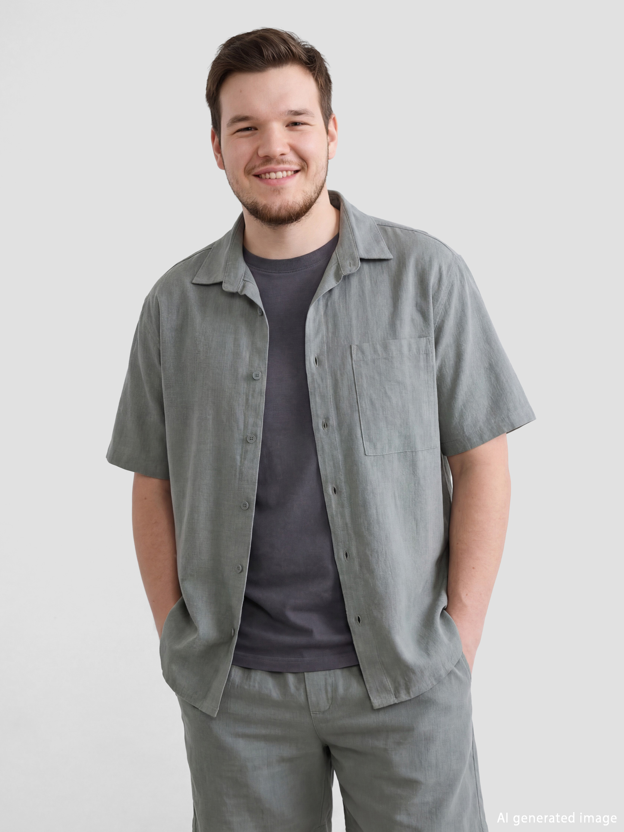 Haki Loose Fit Keten Görünümlü Erkek Gömlek-1