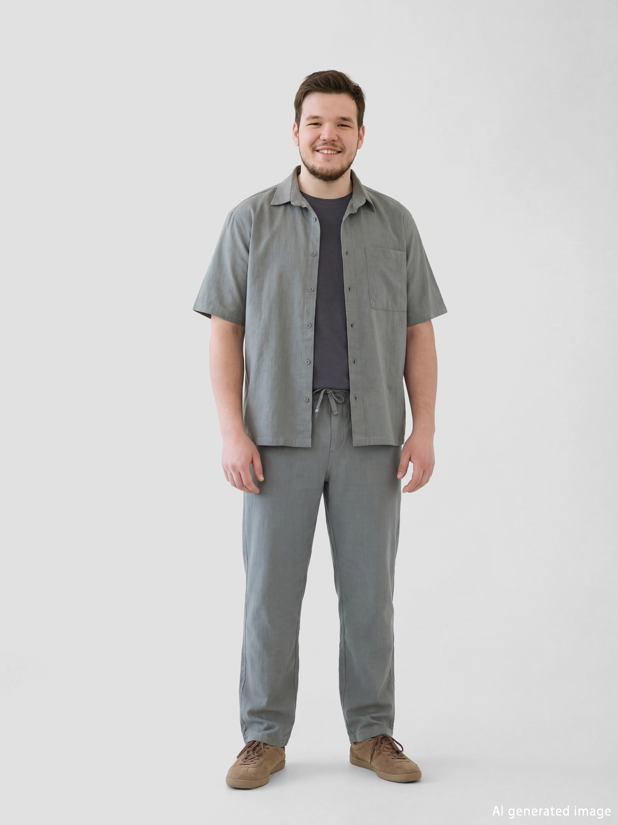 Haki Loose Fit Keten Görünümlü Erkek Gömlek-5