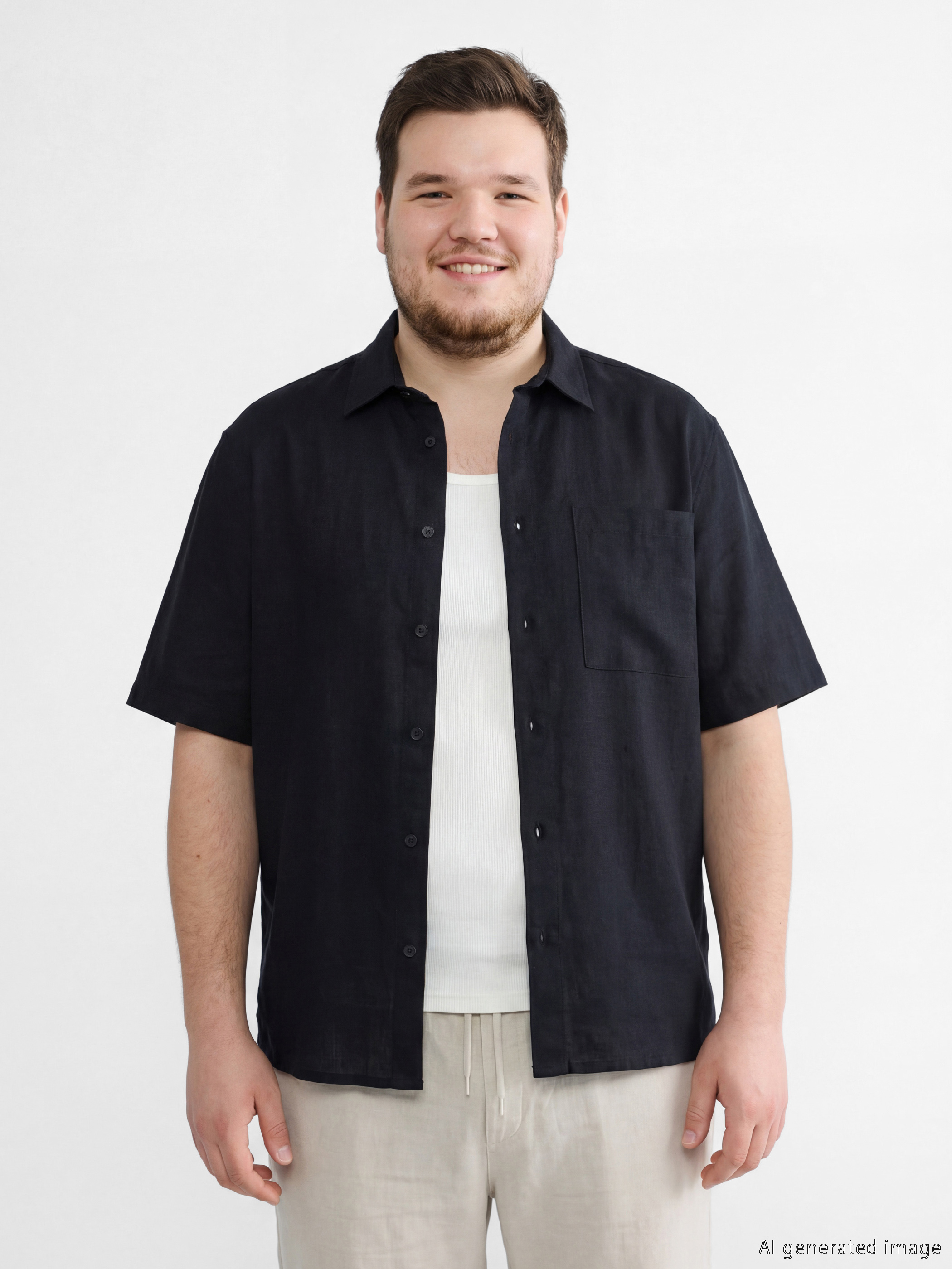 Siyah Loose Fit Keten Görünümlü Erkek Gömlek-3