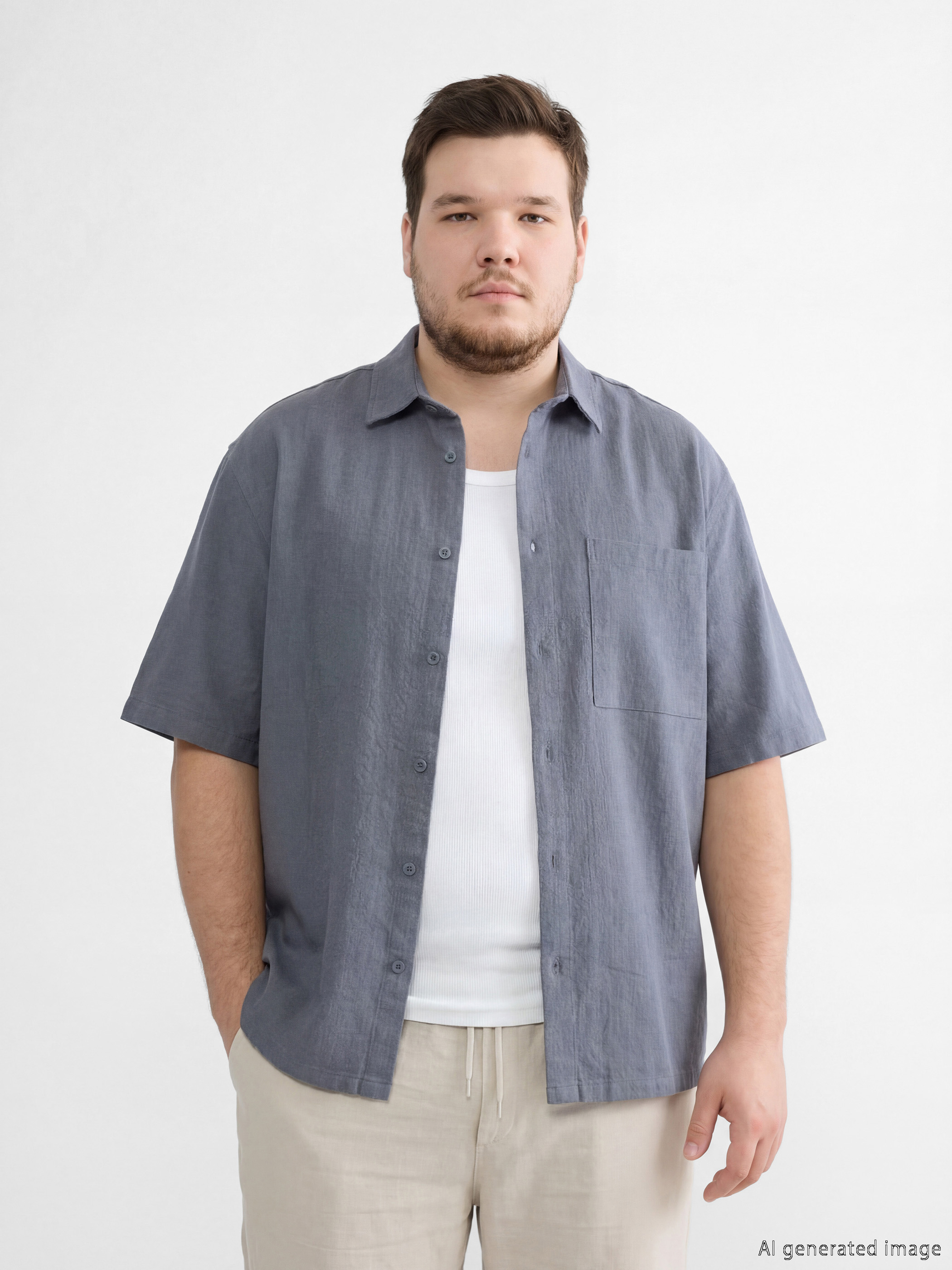 Gri Loose Fit Keten Görünümlü Erkek Gömlek-1