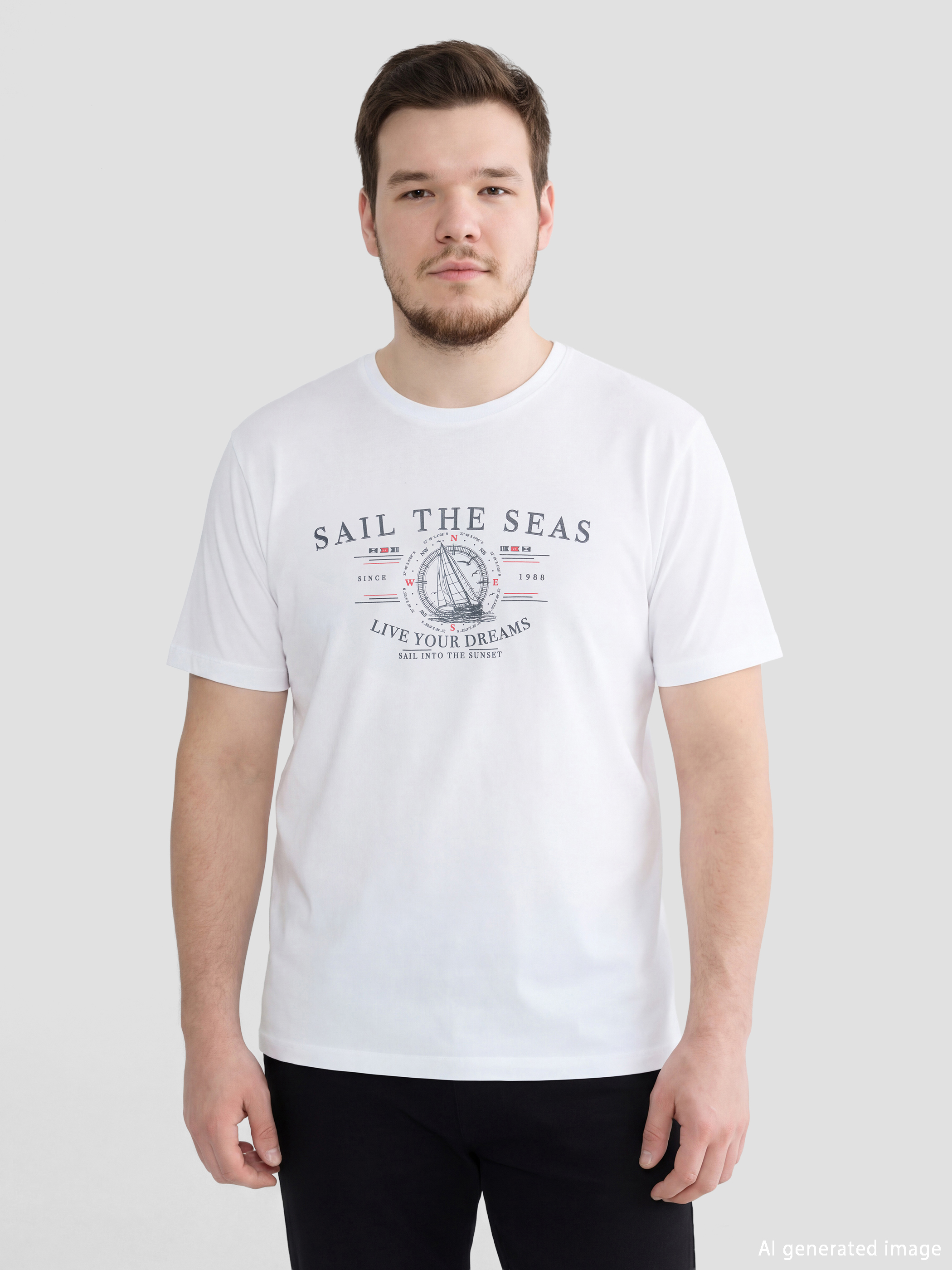 Beyaz Bisiklet Yaka Baskılı Penye Erkek Tişört-1