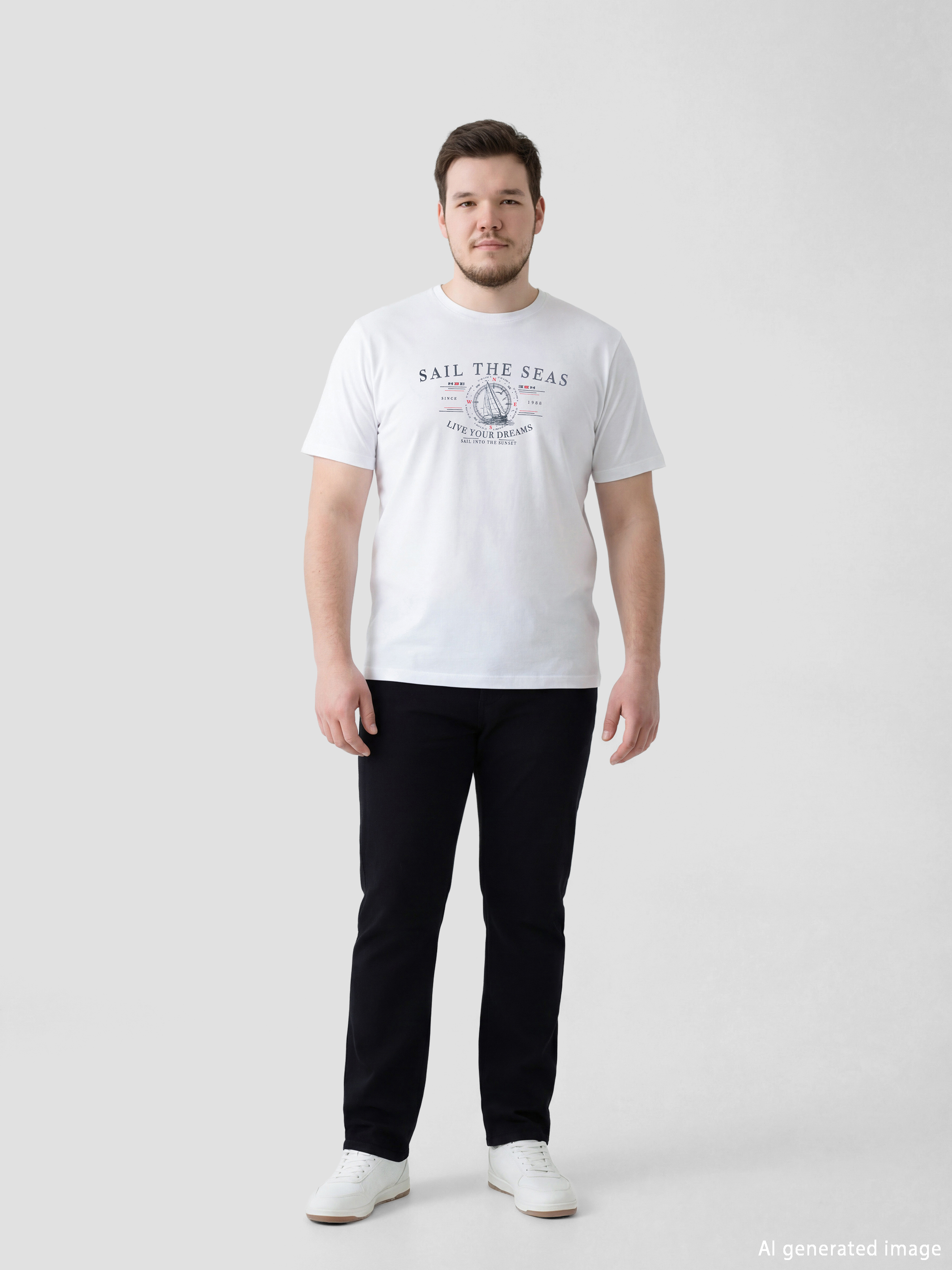 Beyaz Bisiklet Yaka Baskılı Penye Erkek Tişört-5