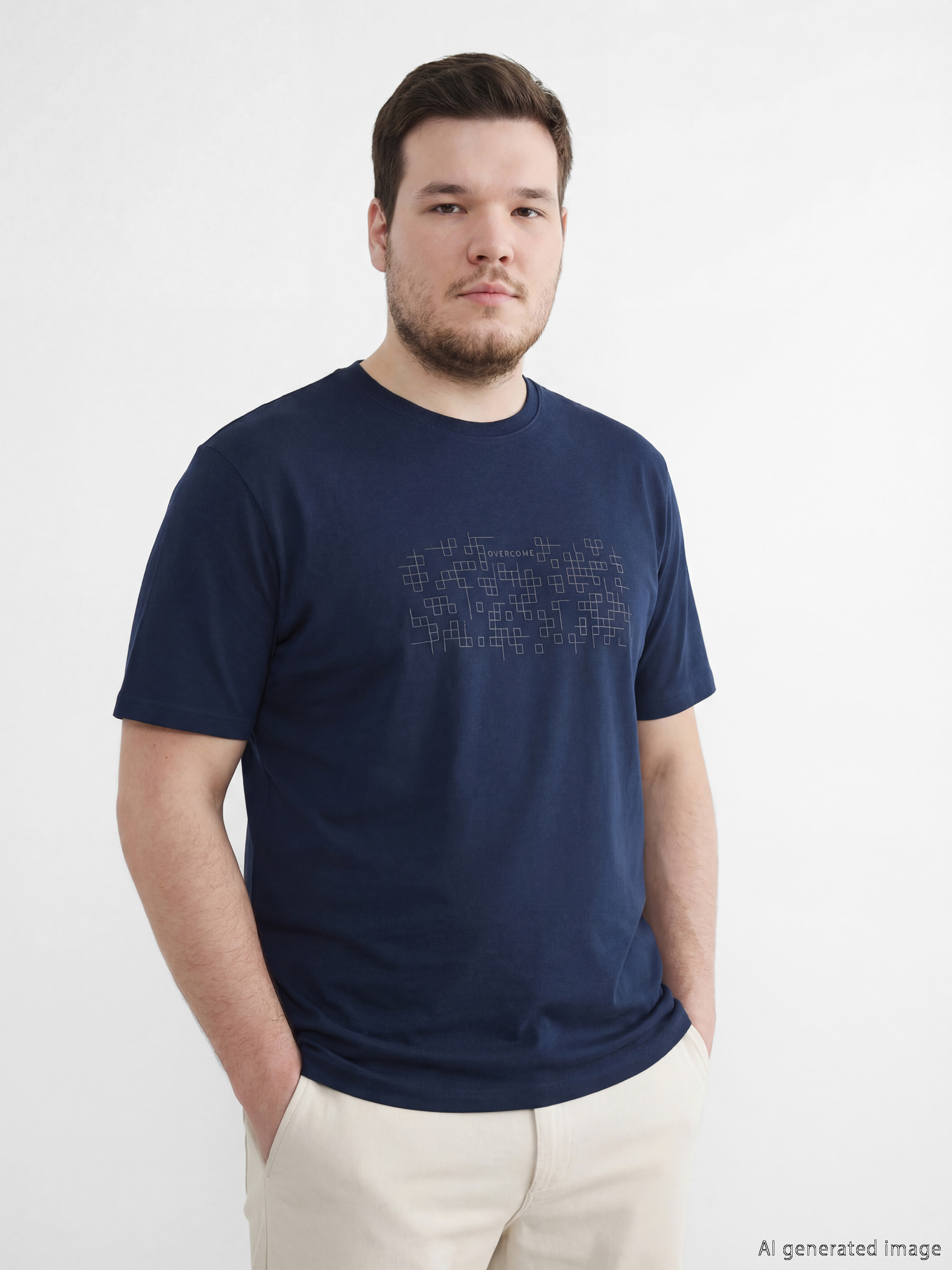 Lacivert Bisiklet Yaka Baskılı Penye Erkek Tişört-1