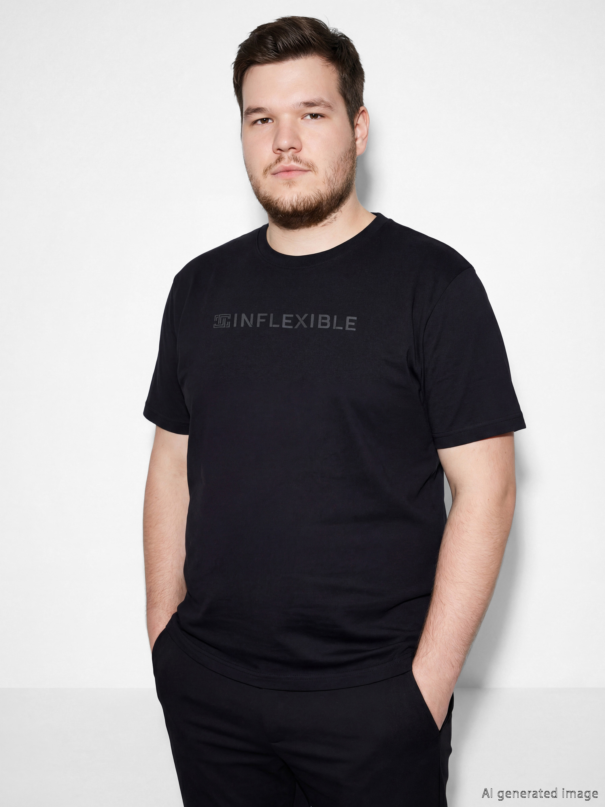 Siyah Bisiklet Yaka Baskılı Erkek Tişört-1