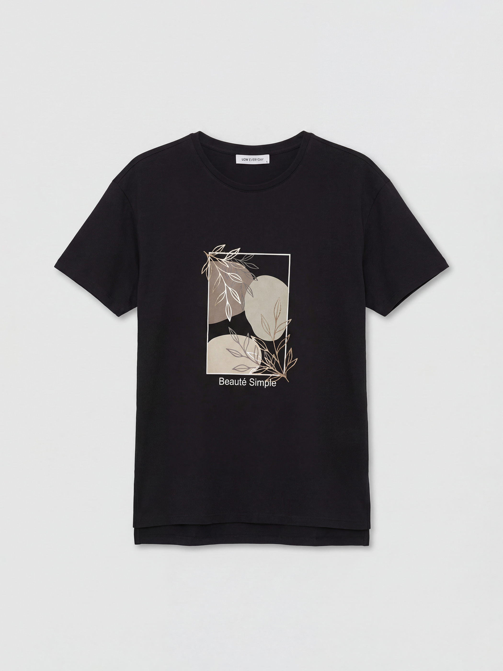 Siyah Bisiklet Yaka Baskılı Kadın Tişört-4