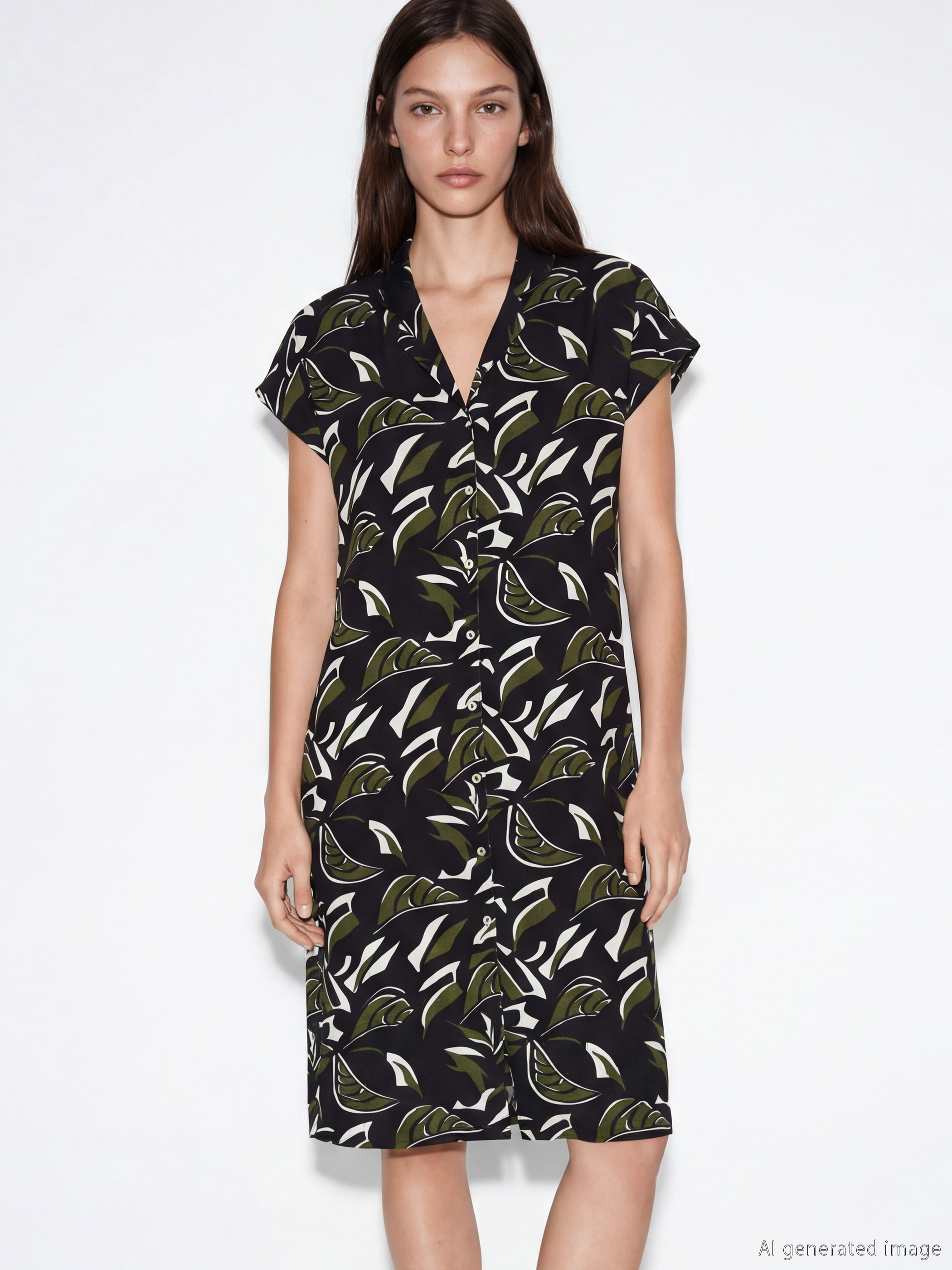 Siyah Gömlek Yaka Desenli Kadın Plaj Elbisesi-1