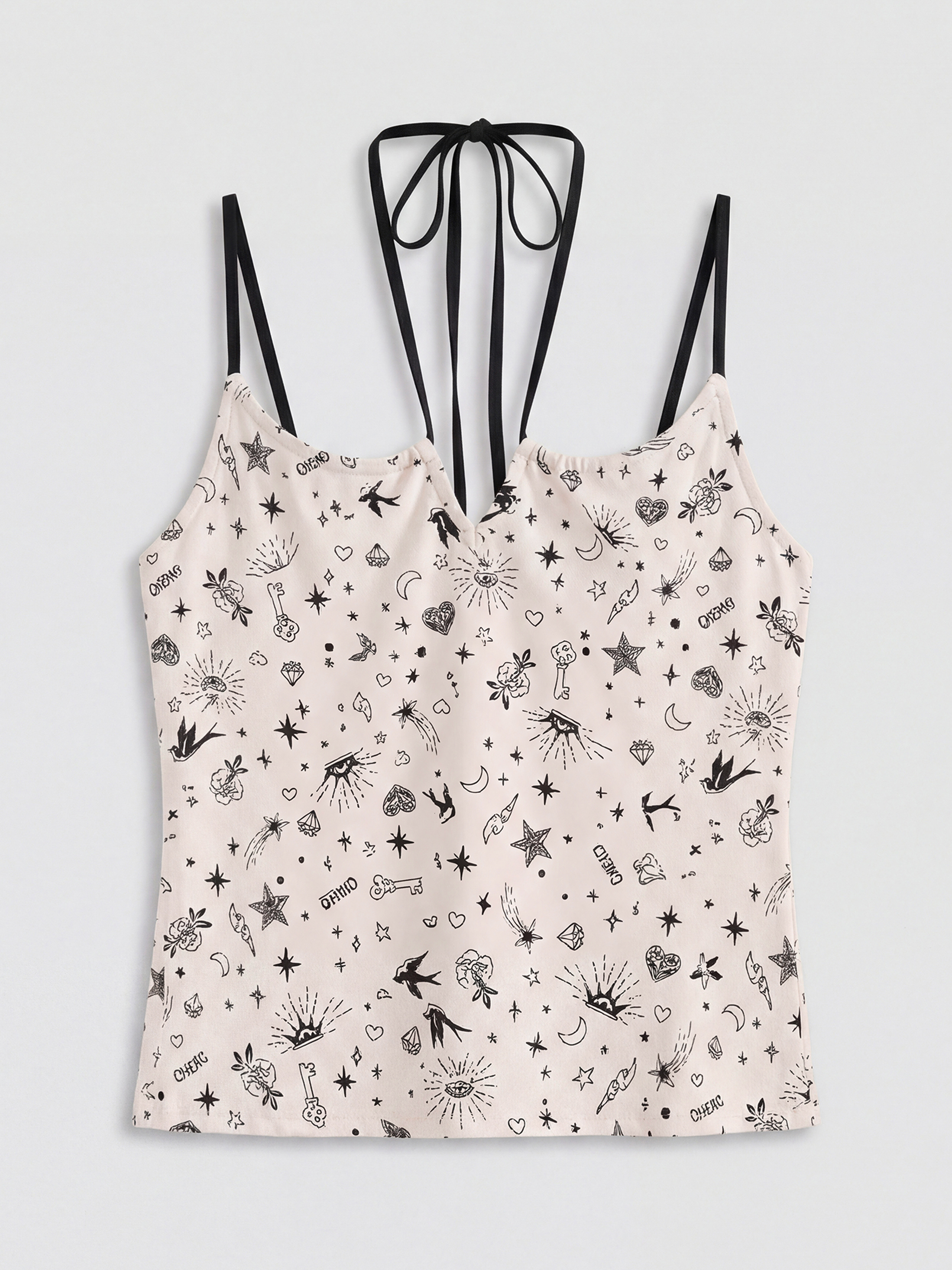 Ekru Desenli Askılı Kadın Şortlu Pijama Takımı-1