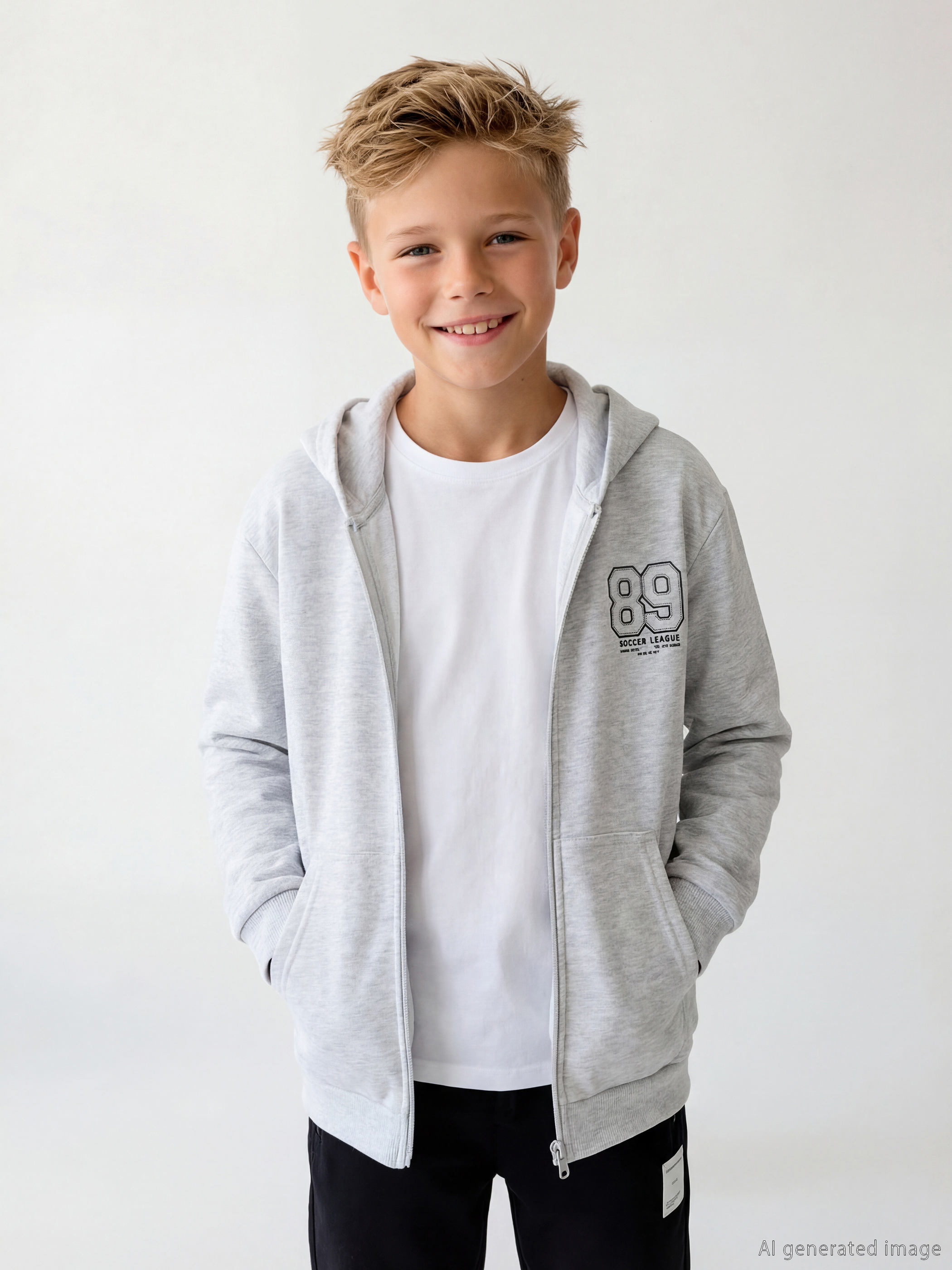 Gri Baskılı Kapüşonlu Erkek Çocuk Fermuarlı Sweatshirt-1