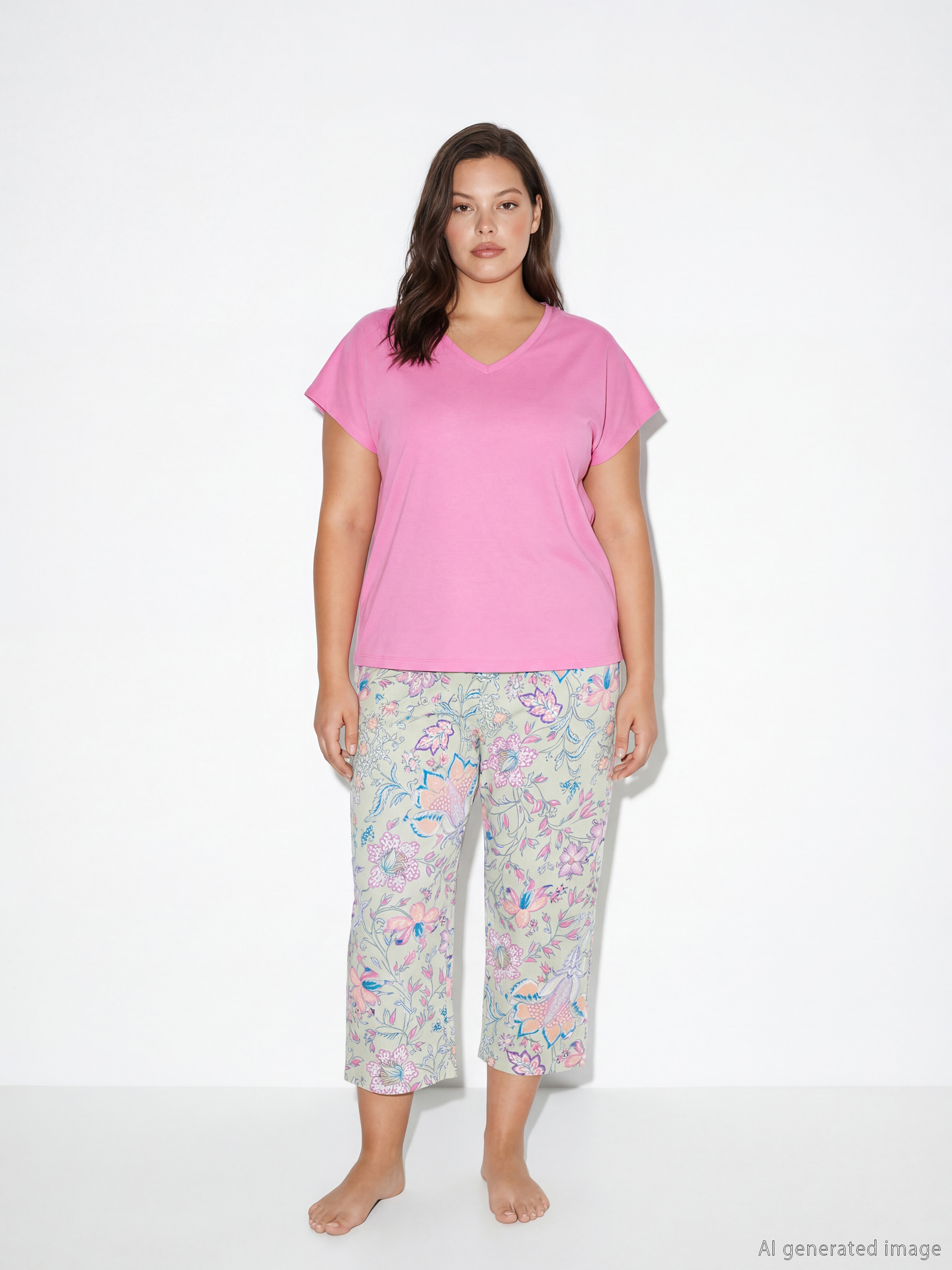 Yeşil V Yaka Çiçekli Kadın Kaprili Pijama Takımı-1