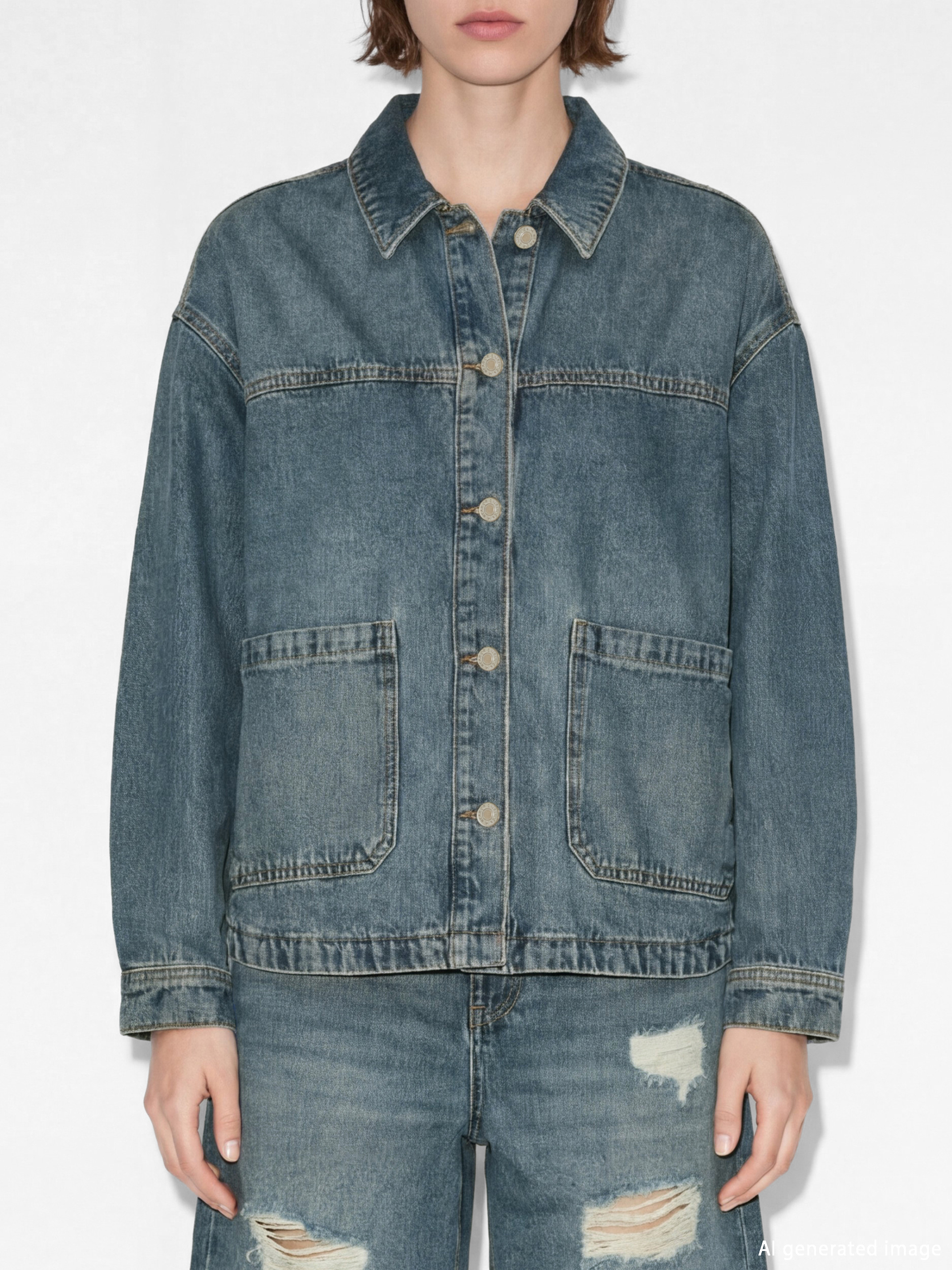 Pocketed Oversize Women's Denim Shirt-2
