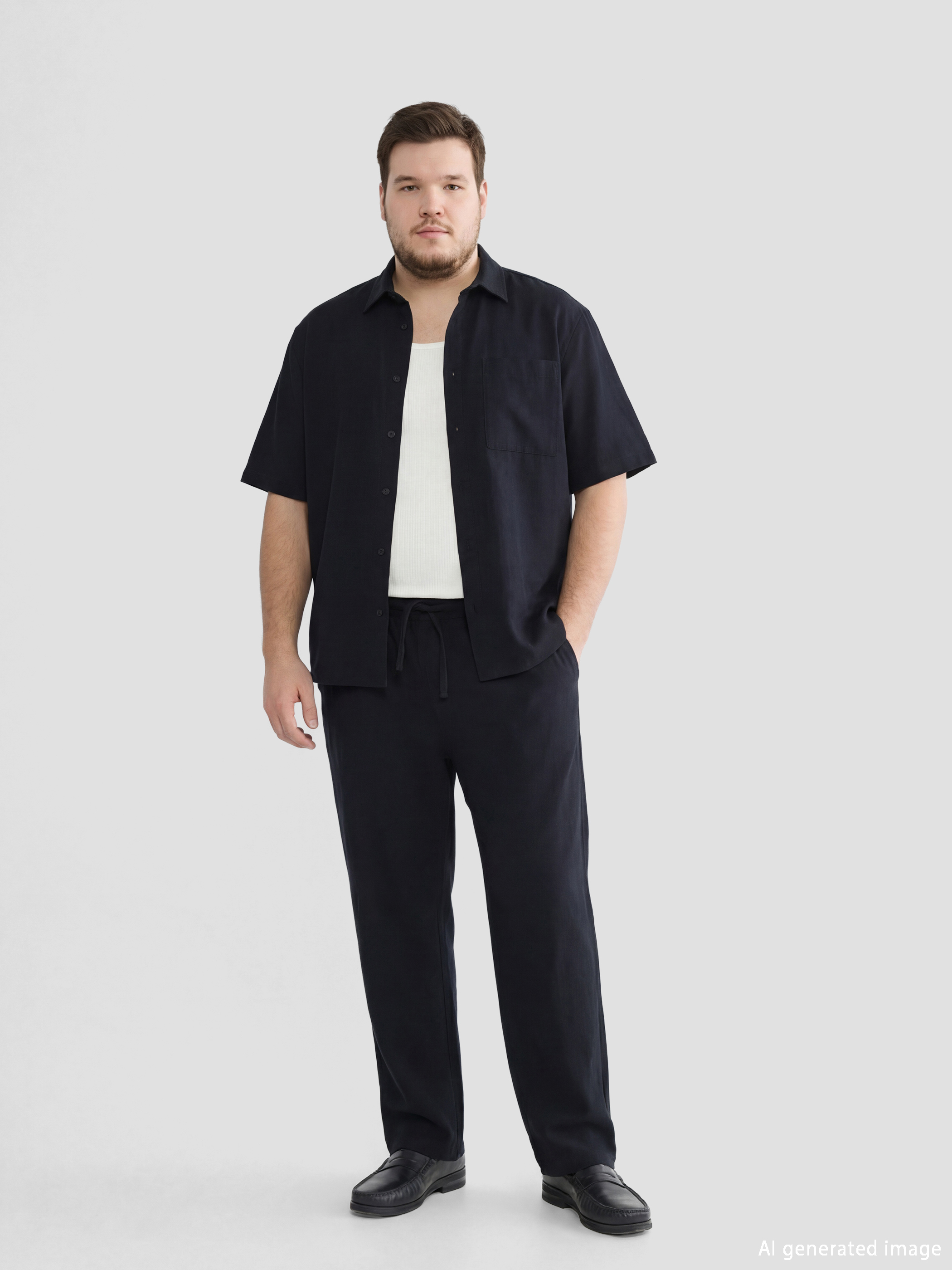 Siyah Rahat Kalıp Keten Görünümlü Erkek Pantolon-2