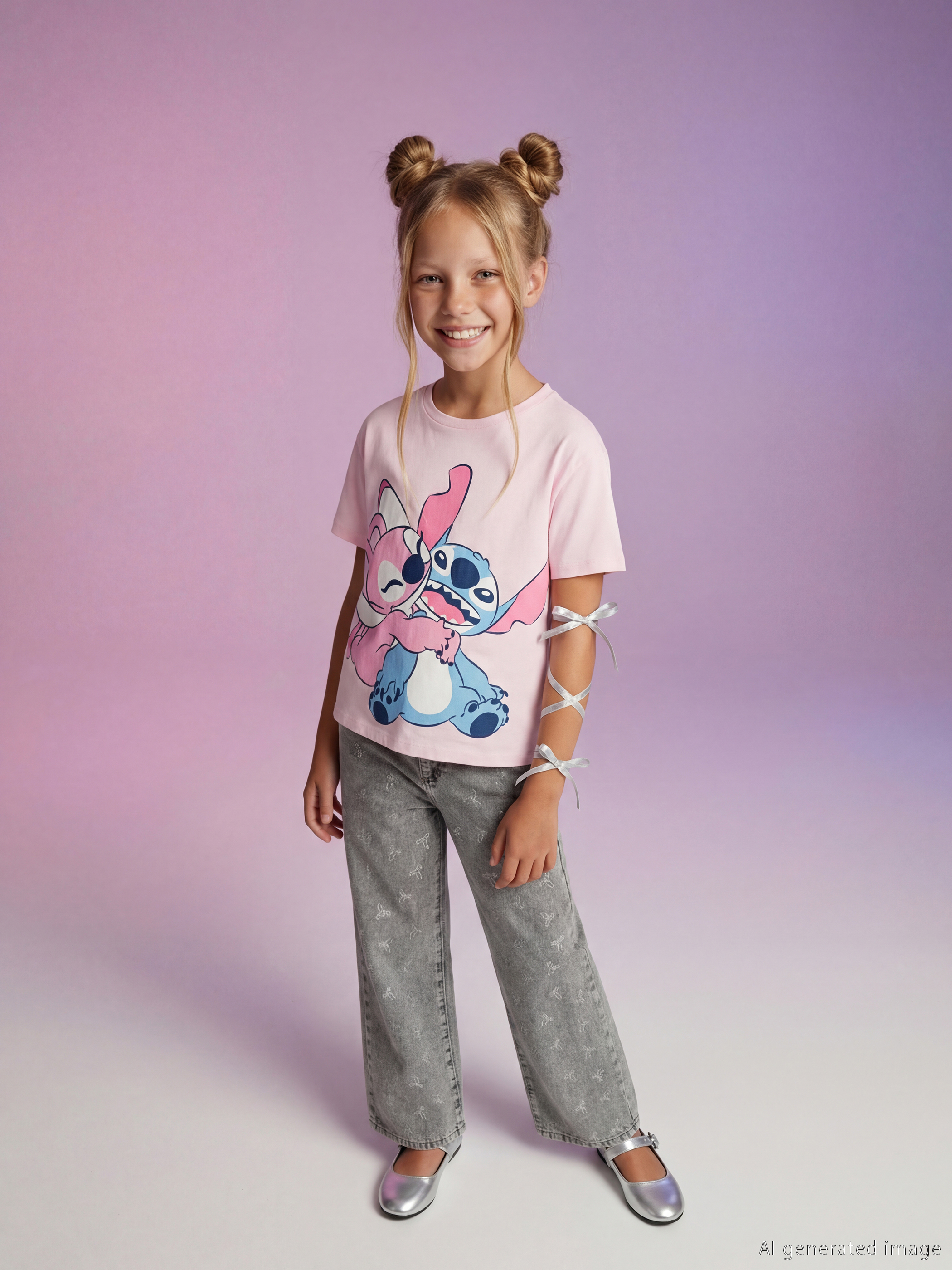 LCW Kids Stitch ve Angel Baskılı Kız Çocuk Tişört - S6BM15Z4-QWM