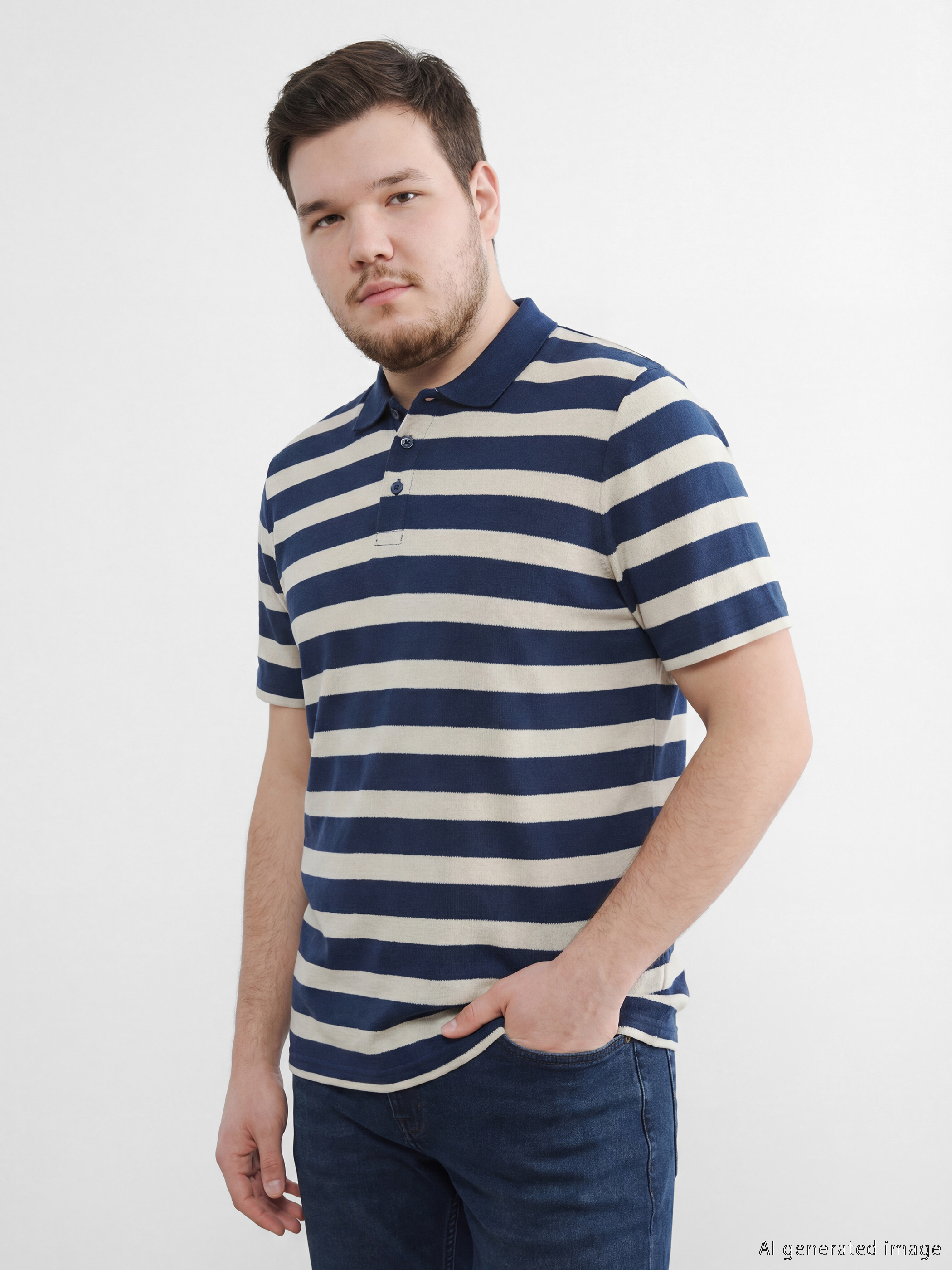 Lacivert Polo Yaka Çizgili Erkek Tişört-1