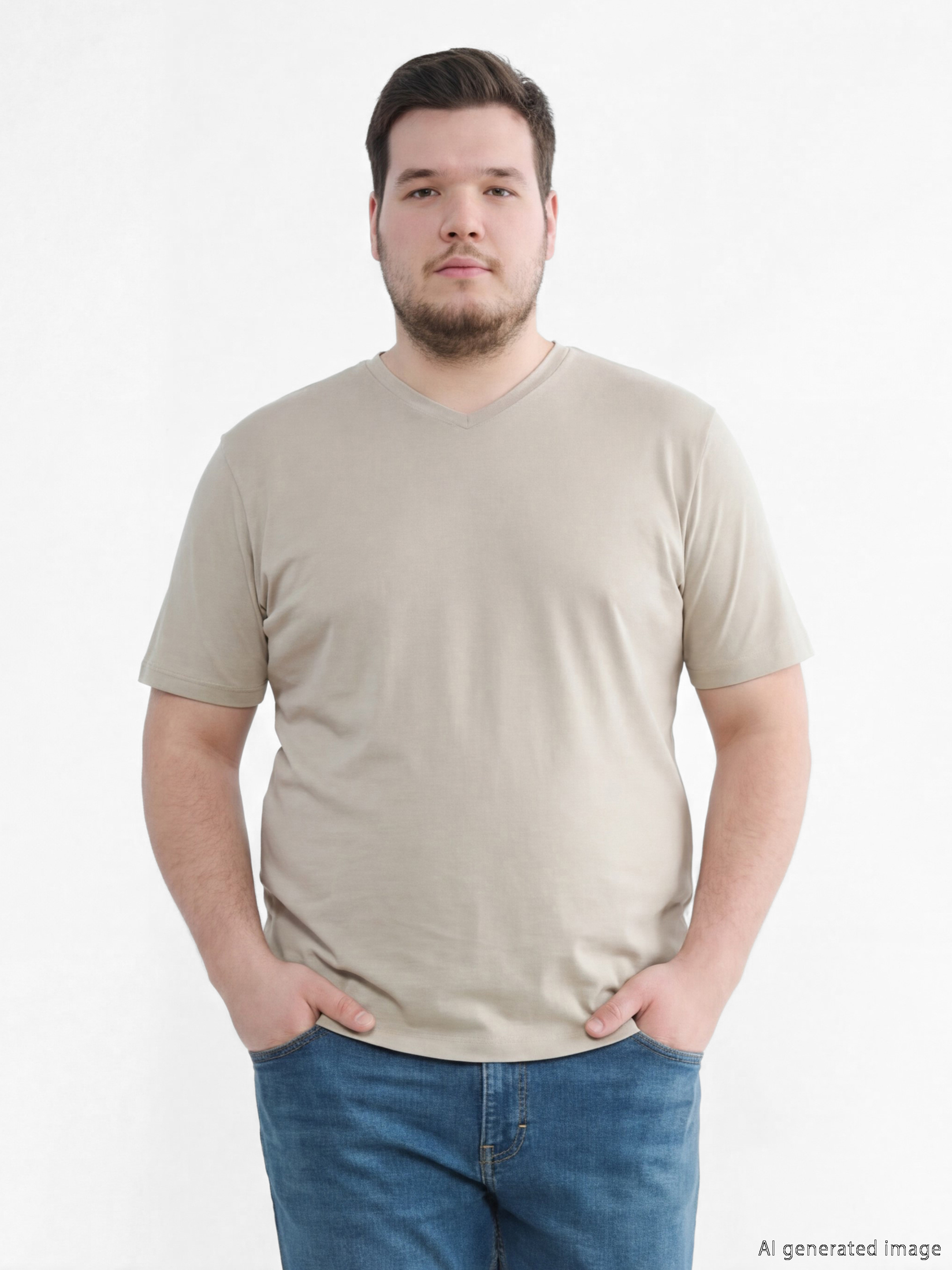 Bej V Yaka Penye Erkek Tişört-1