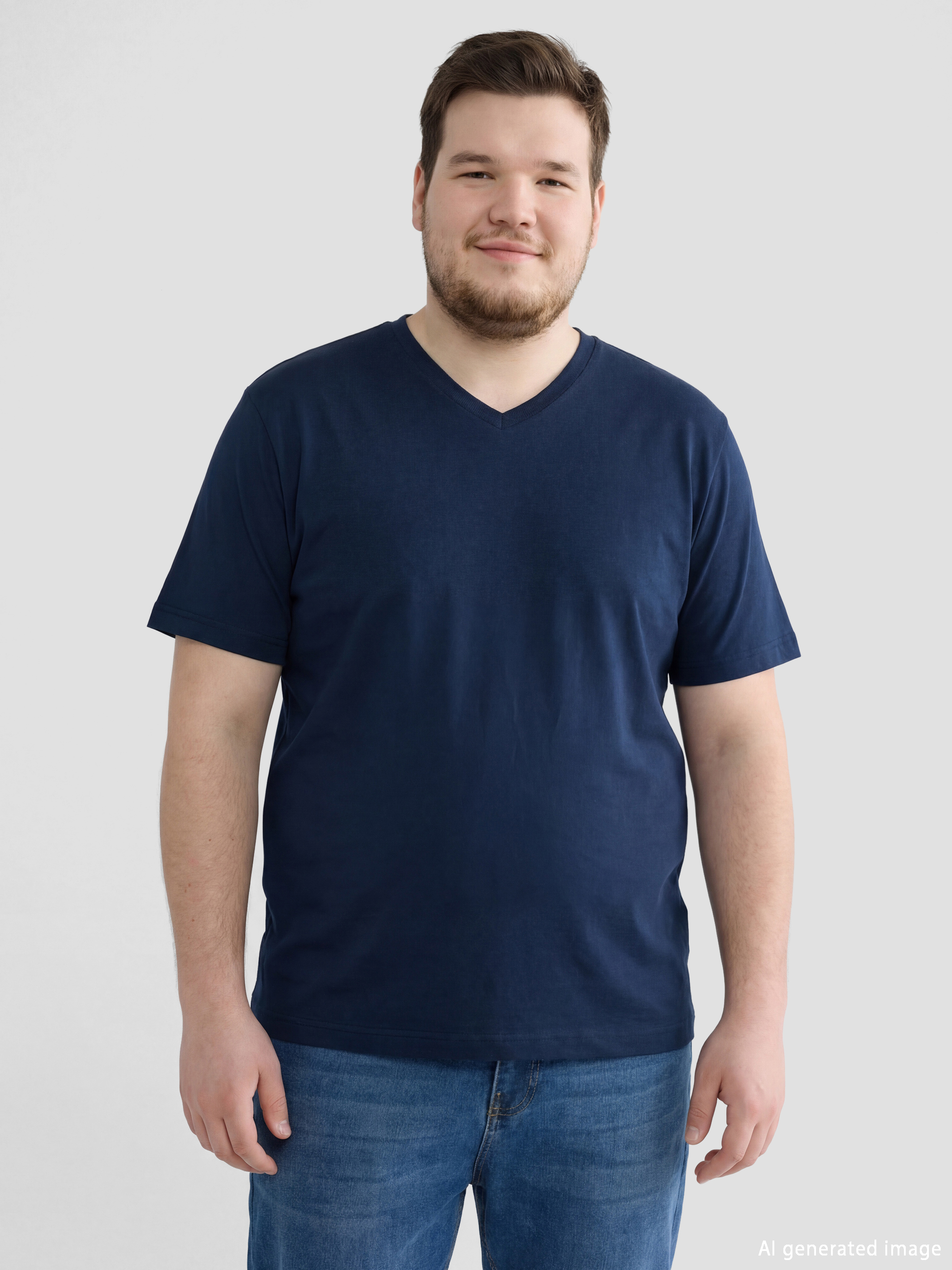 Lacivert V Yaka Penye Erkek Tişört-1