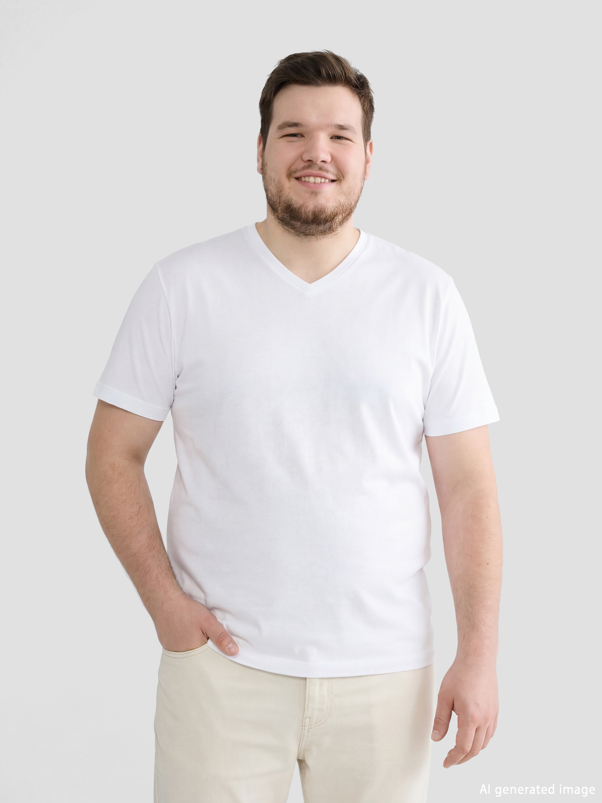 Beyaz V Yaka Penye Erkek Tişört-1