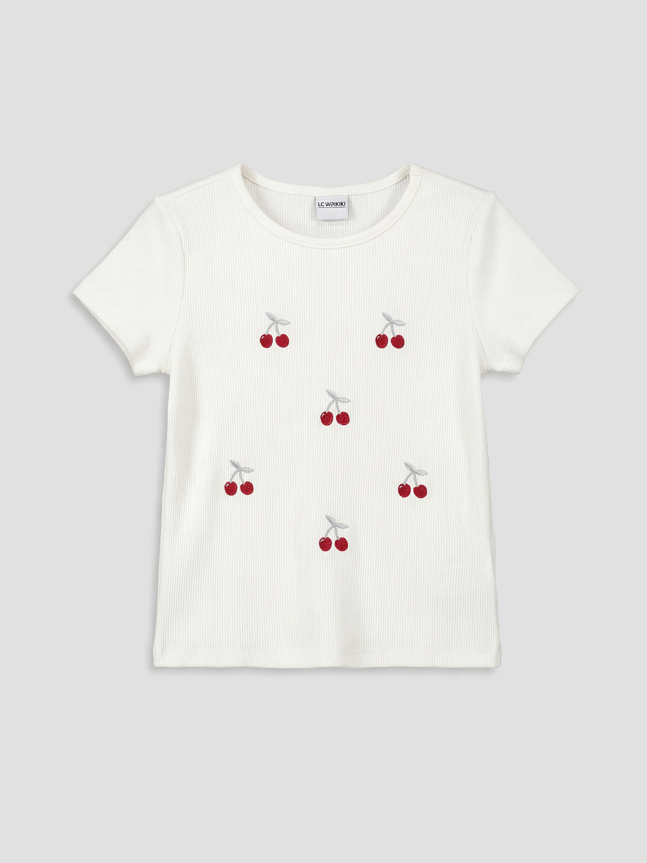 Girls' Crew Neck T-shirt with Cherry Embroidery