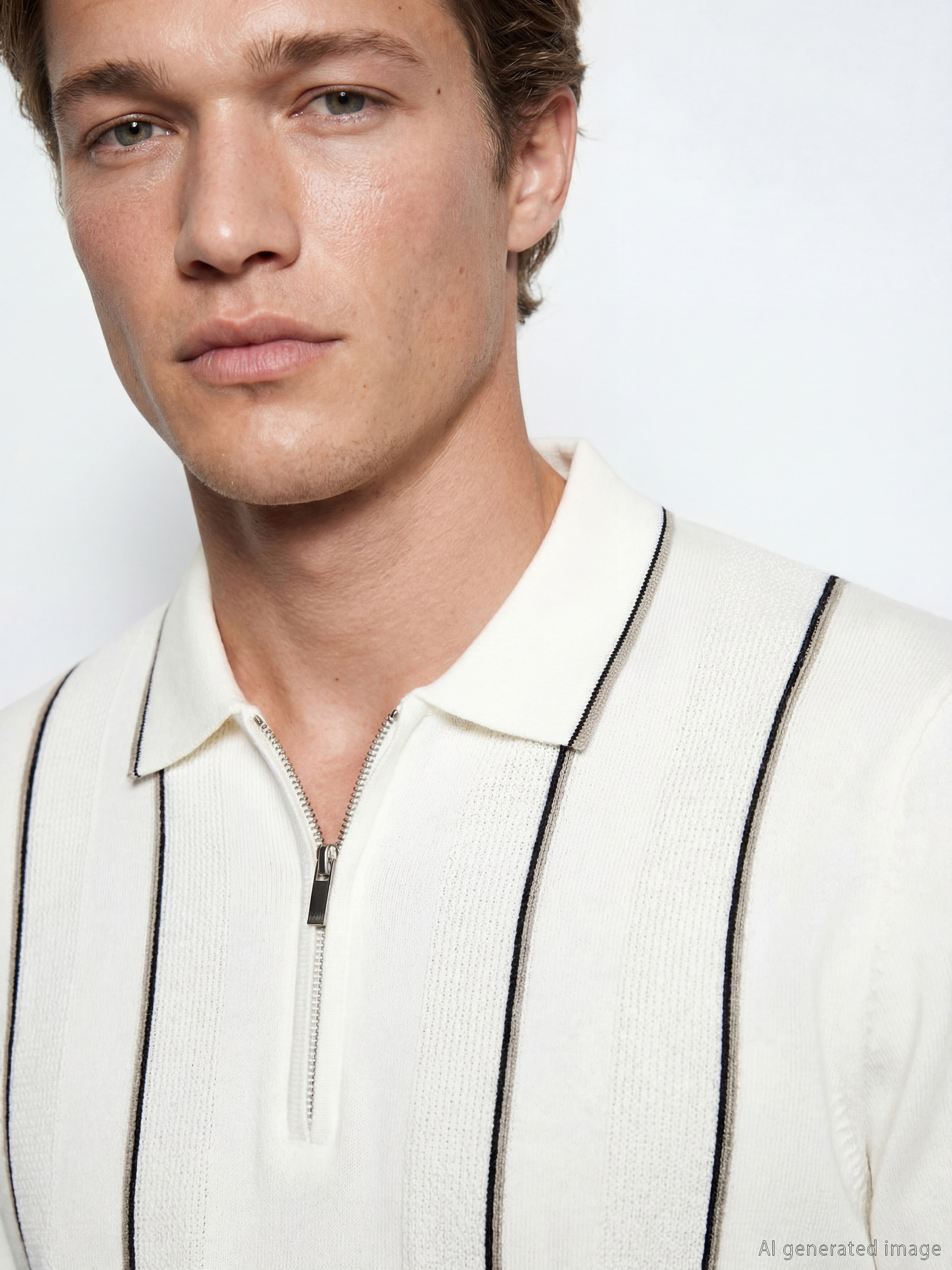 Ekru Polo Yaka Çizgili Erkek Triko Kazak-2