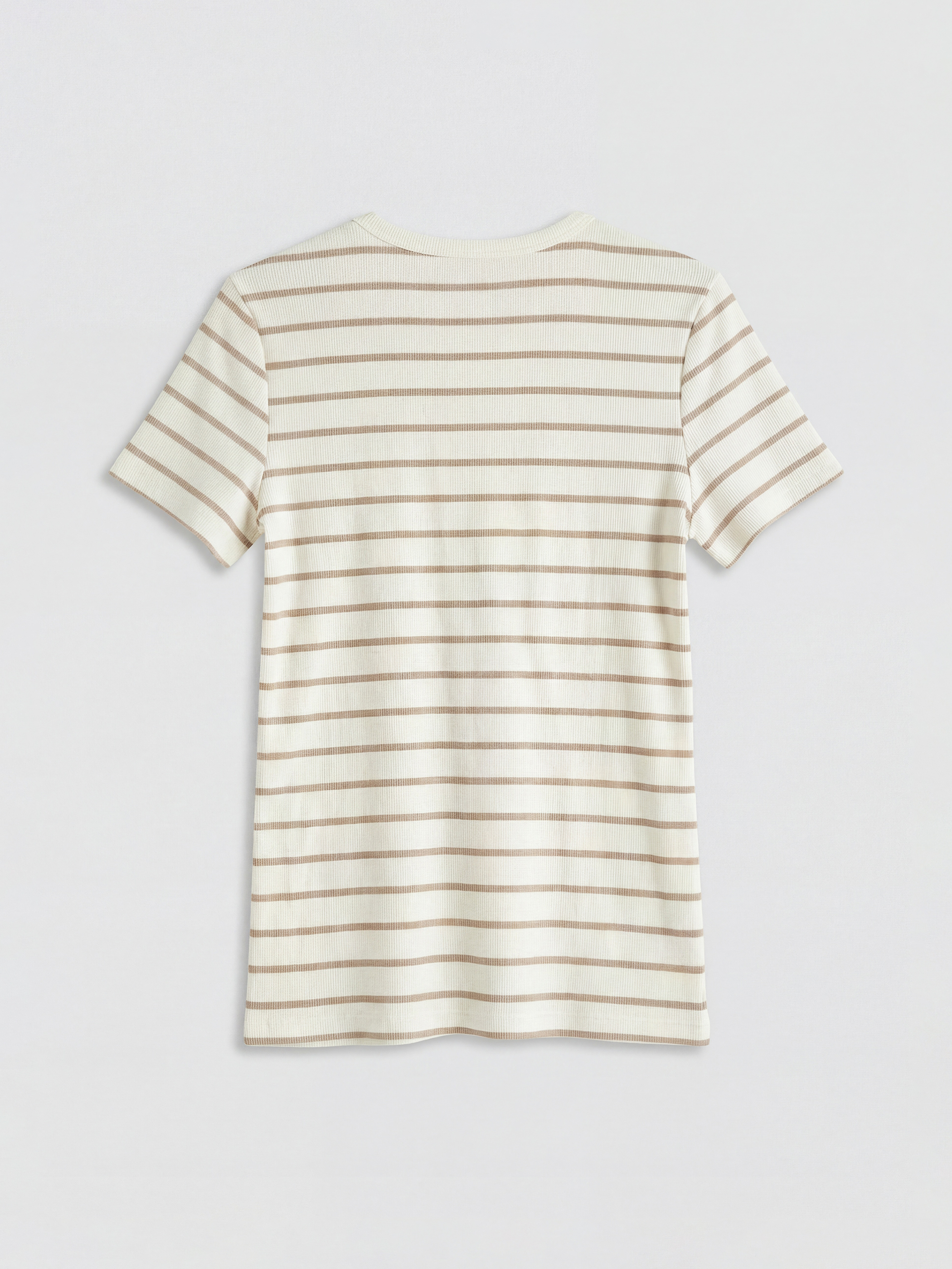 Bej Bisiklet Yaka Çizgili Kadın Tişört-5