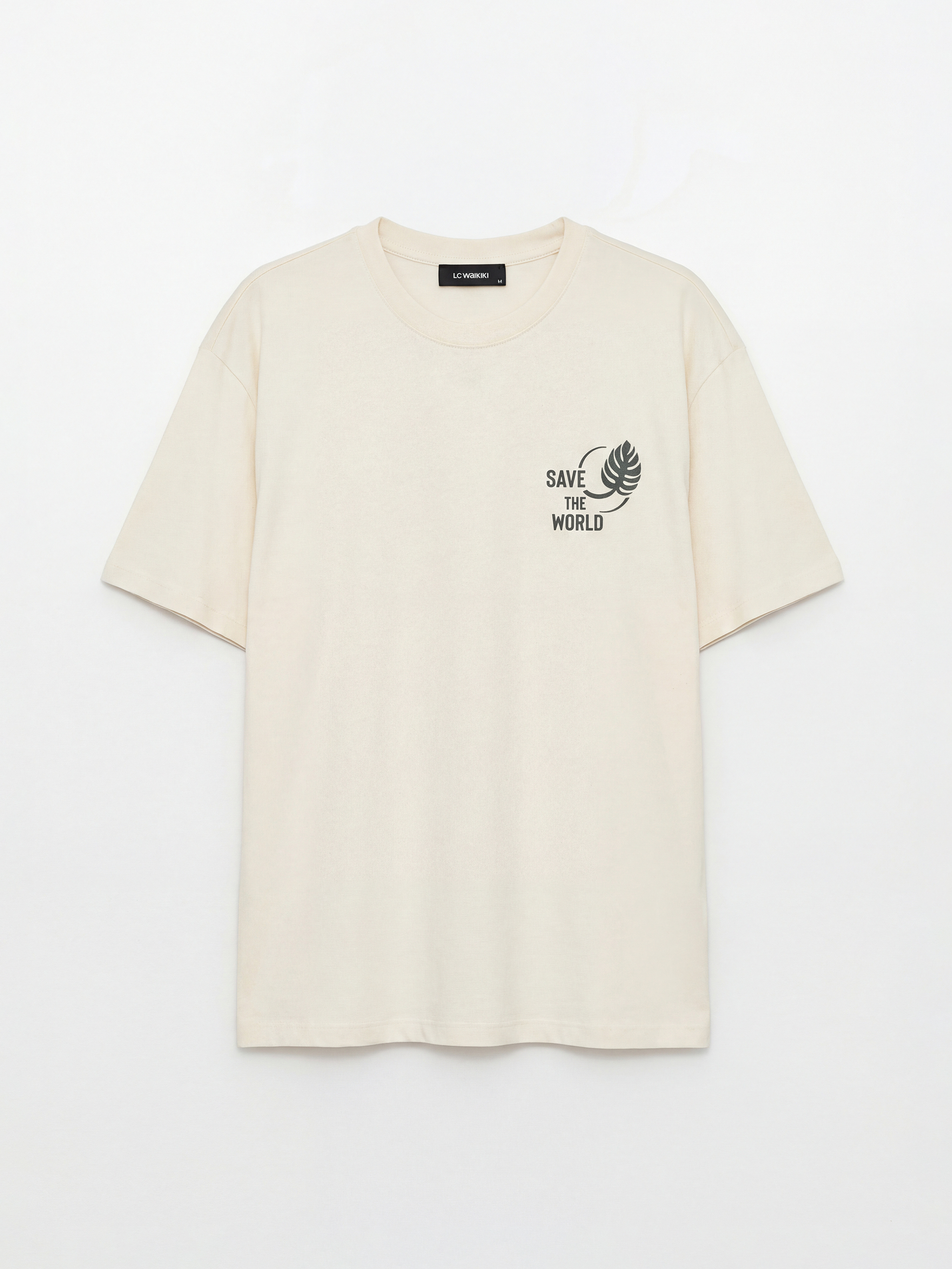 Ekru Bisiklet Yaka Baskılı Erkek Tişört-3