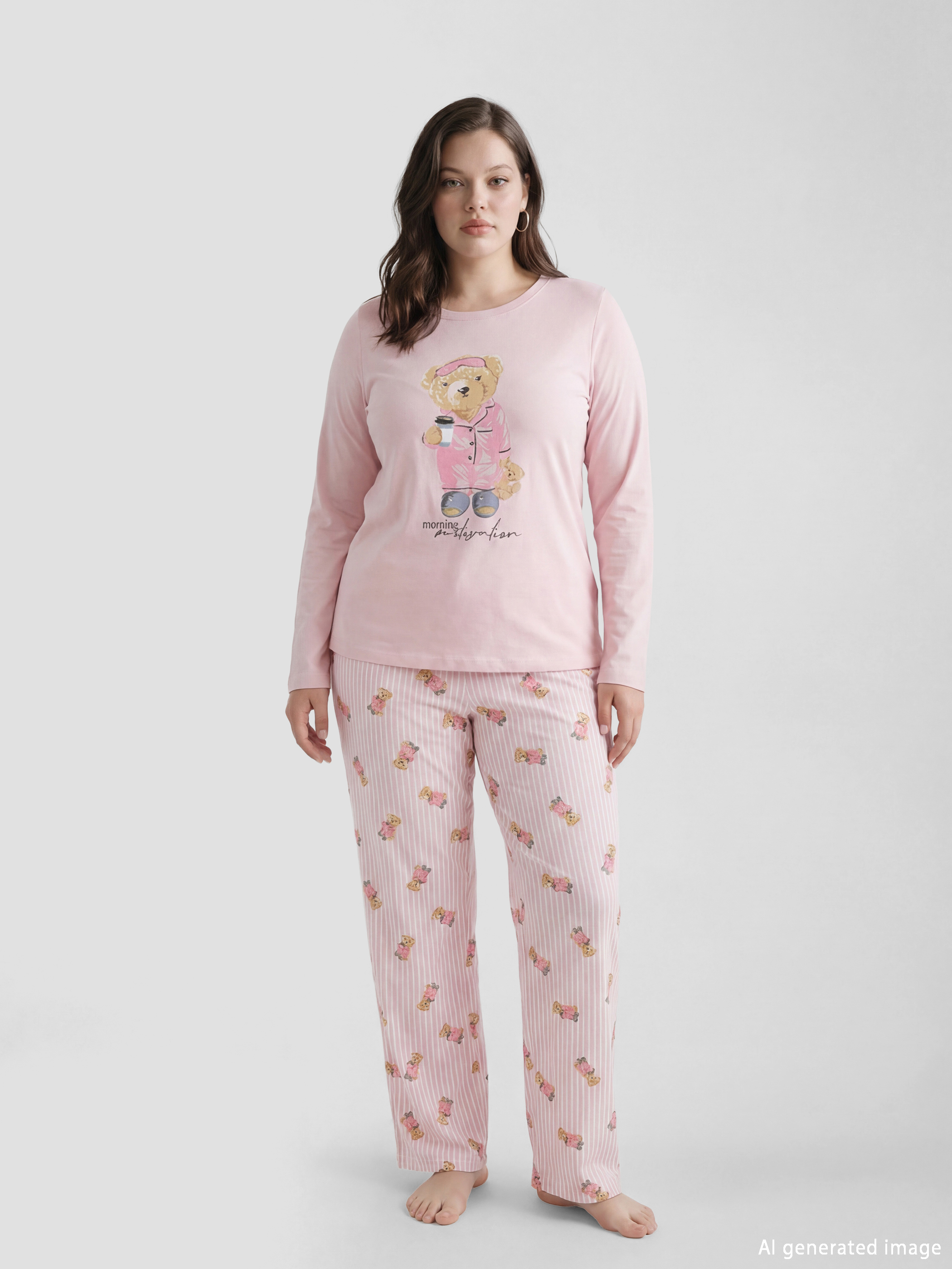 Σετ πιτζάμες με εκτύπωση αρκούδας και στρογγυλή λαιμόκοψη για γυναίκες-1